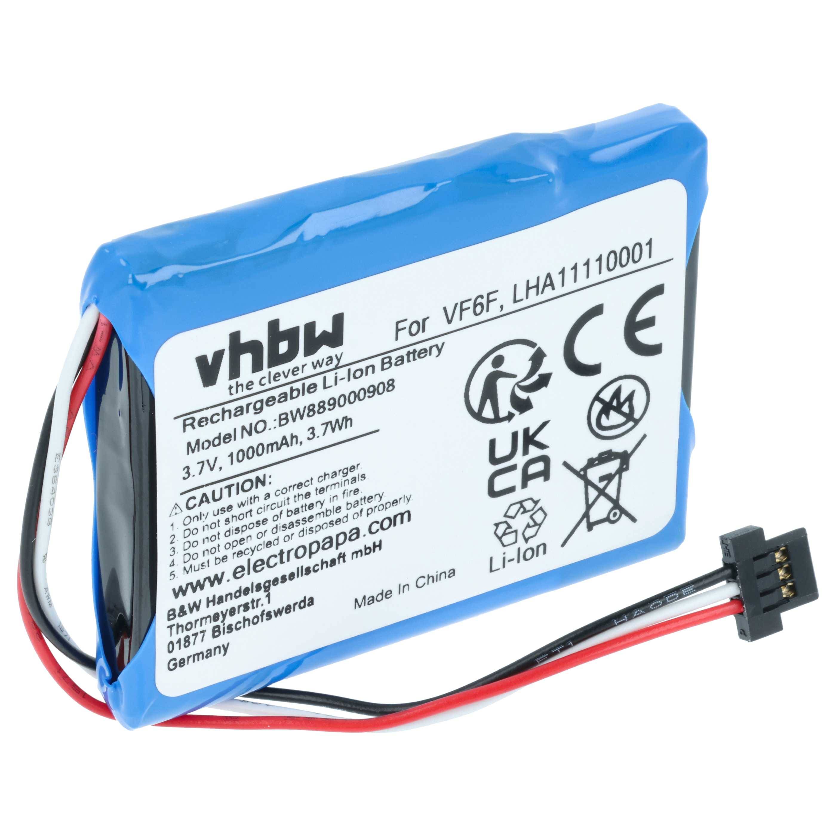 vhbw Akku Ersatz für TomTom LHA11110001, VF6F für GPS Navigation Navi (1000 mAh, 3,7 V, Li-Ion)