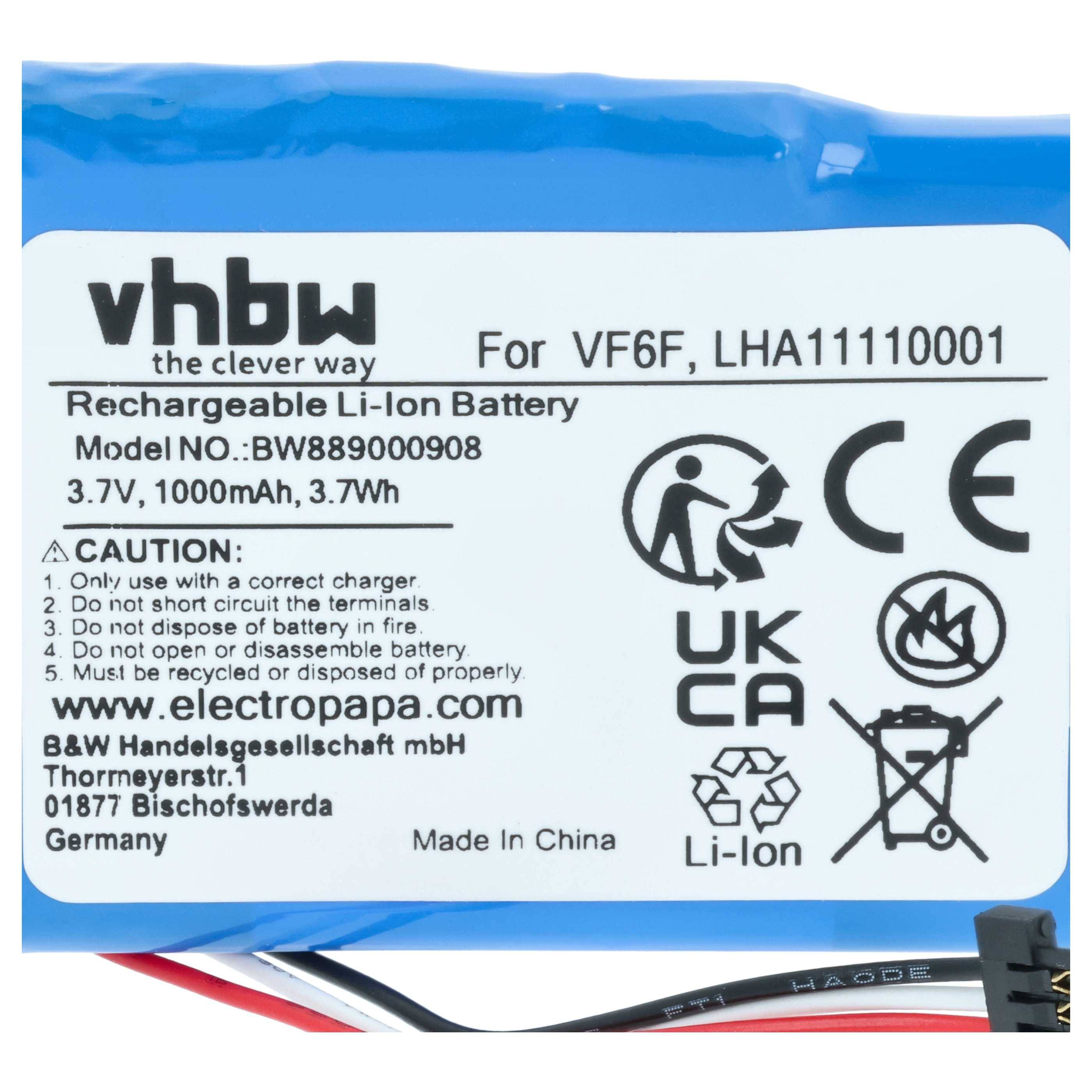 vhbw Akku Ersatz für TomTom LHA11110001, VF6F für GPS Navigation Navi (1000 mAh, 3,7 V, Li-Ion)