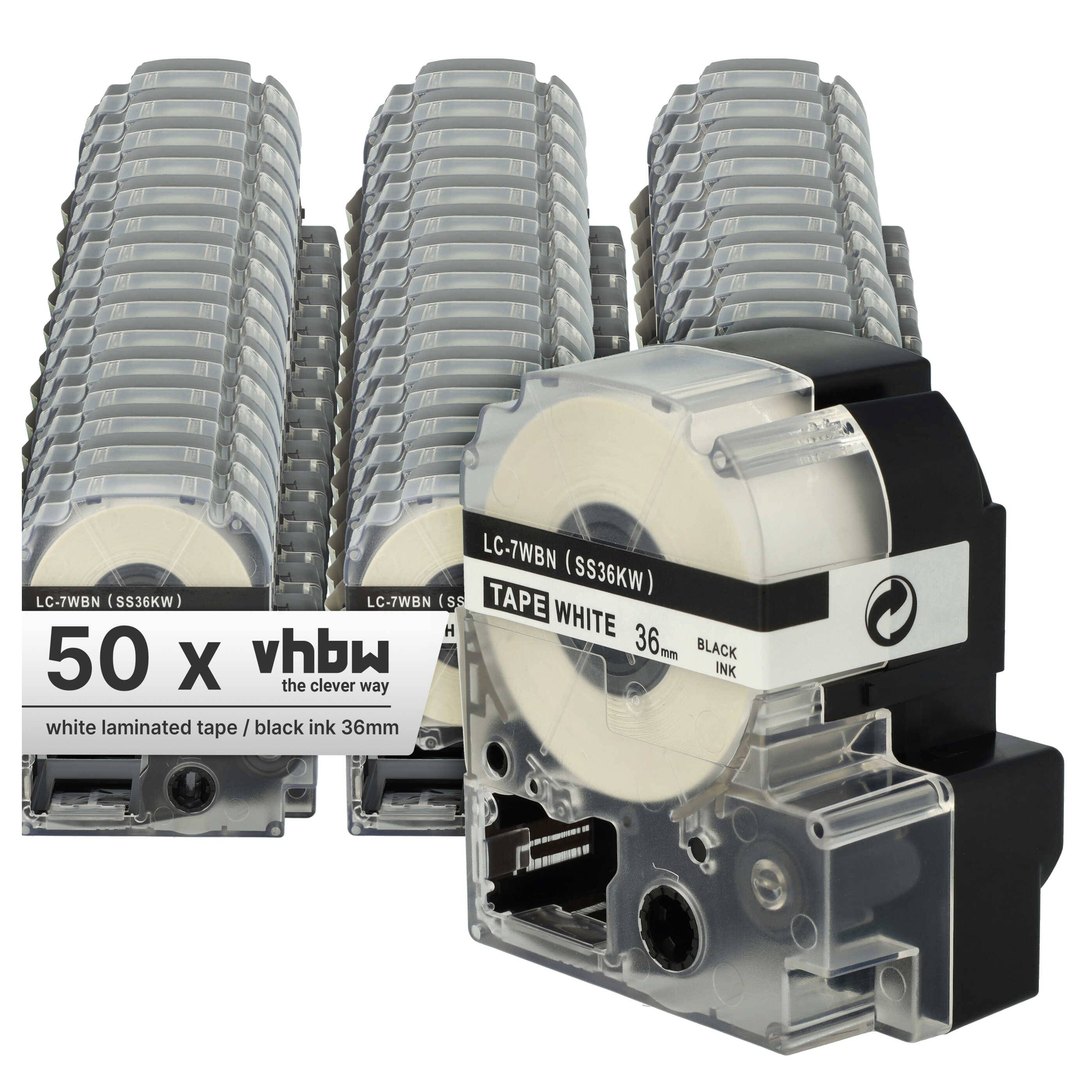 vhbw 50x Schriftband-Kassette kompatibel mit KingJim SR530C, SR550, SR530, SR6700D, SR3900P, SR750, SR40 Etiketten-Drucker 36mm Schwarz auf Weiß