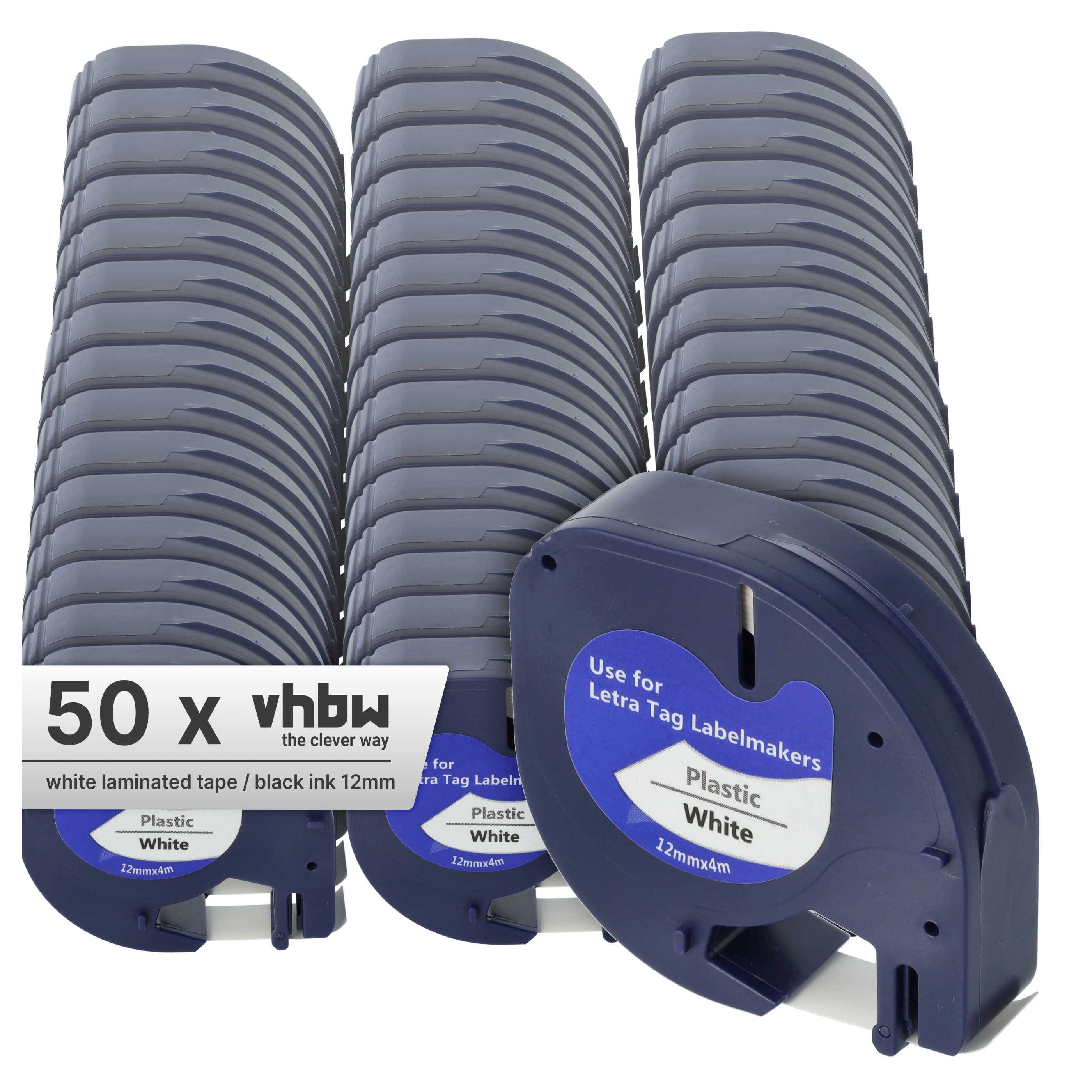 vhbw 50x Schriftband-Kassette Plastik kompatibel mit Dymo LetraTag LT-100H | LT-100T, QX50, XR, 200B Etiketten-Drucker 4m x 12mm Schwarz auf Weiß