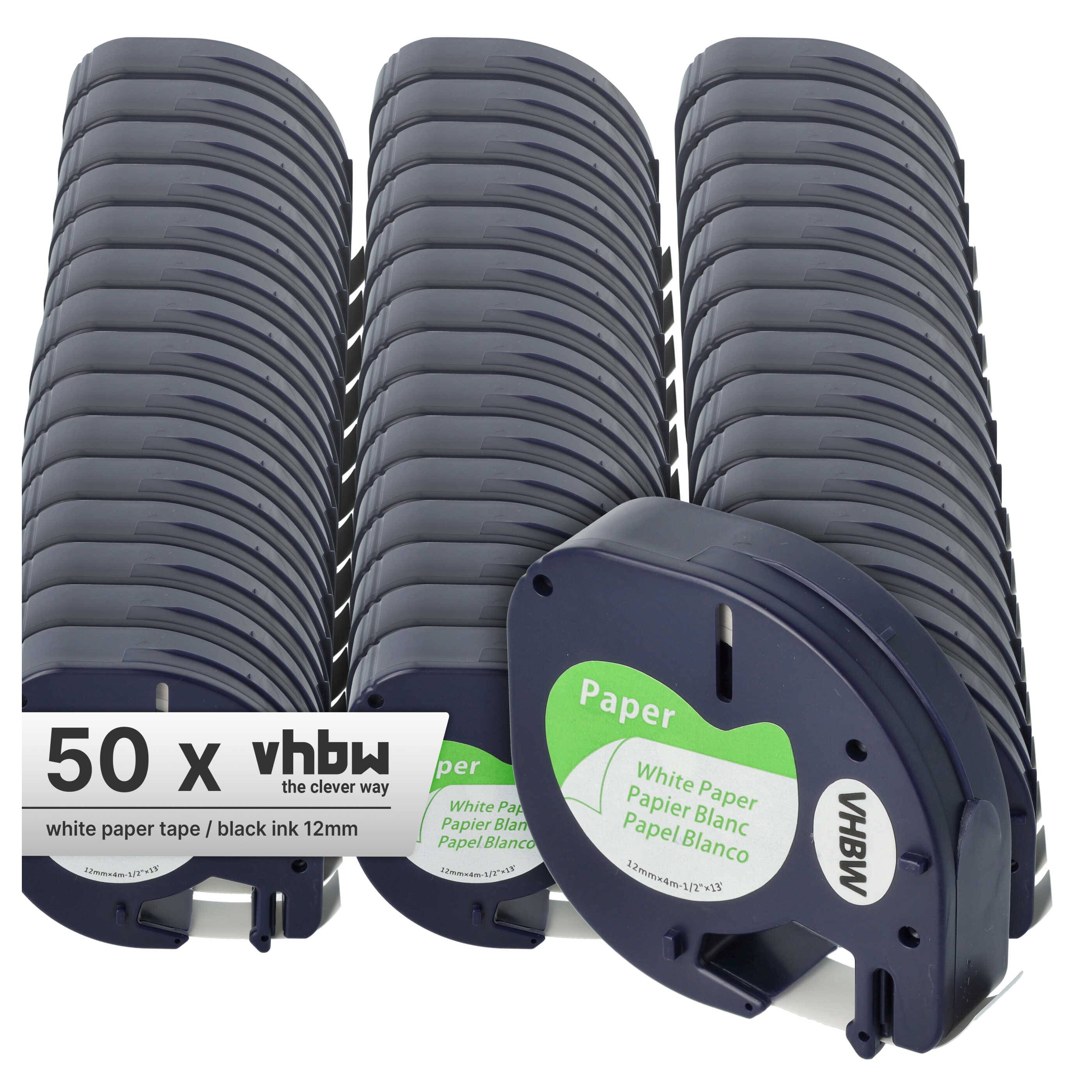 vhbw 50x Schriftband-Kassette Papier kompatibel mit Dymo LetraTag LT-100H, LT-100T, QX50, XR, 200B Etiketten-Drucker 4m x 12mm Schwarz auf Weiß