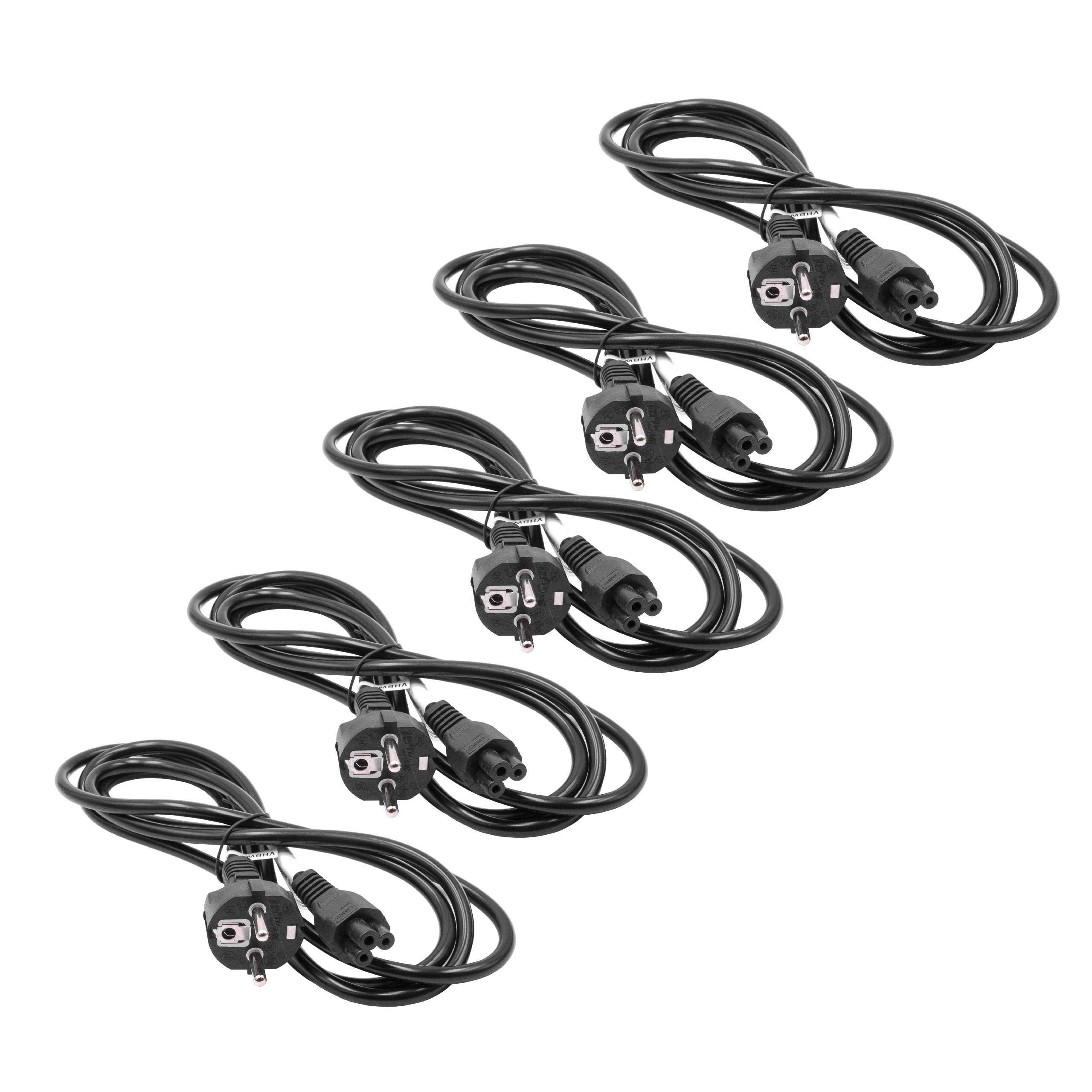 Fünf schwarze Stromkabel mit dreipoligen Steckern, in einer Reihe angeordnet, ordentlich aufgewickelt und identisch im Aussehen.