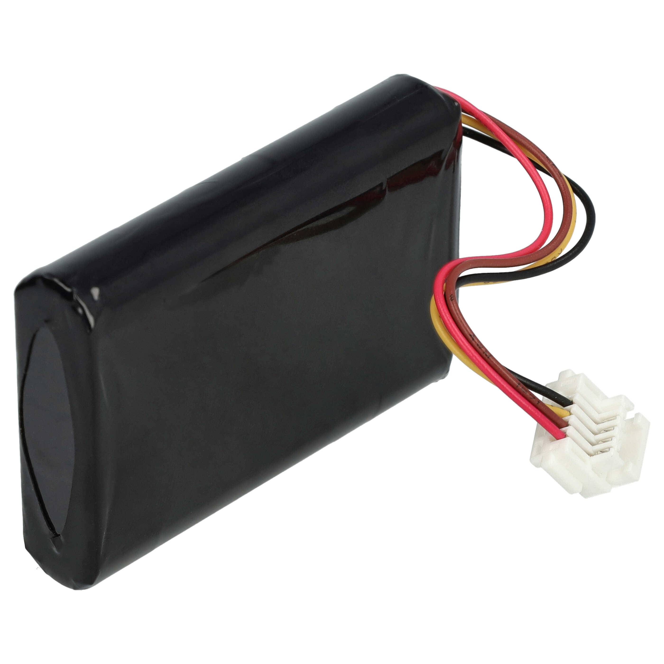 Eine rechteckige schwarze Lithium-Ionen-Batterie mit roten, schwarzen und gelben Drähten, die mit einem weißen Stecker am Ende verbunden sind.