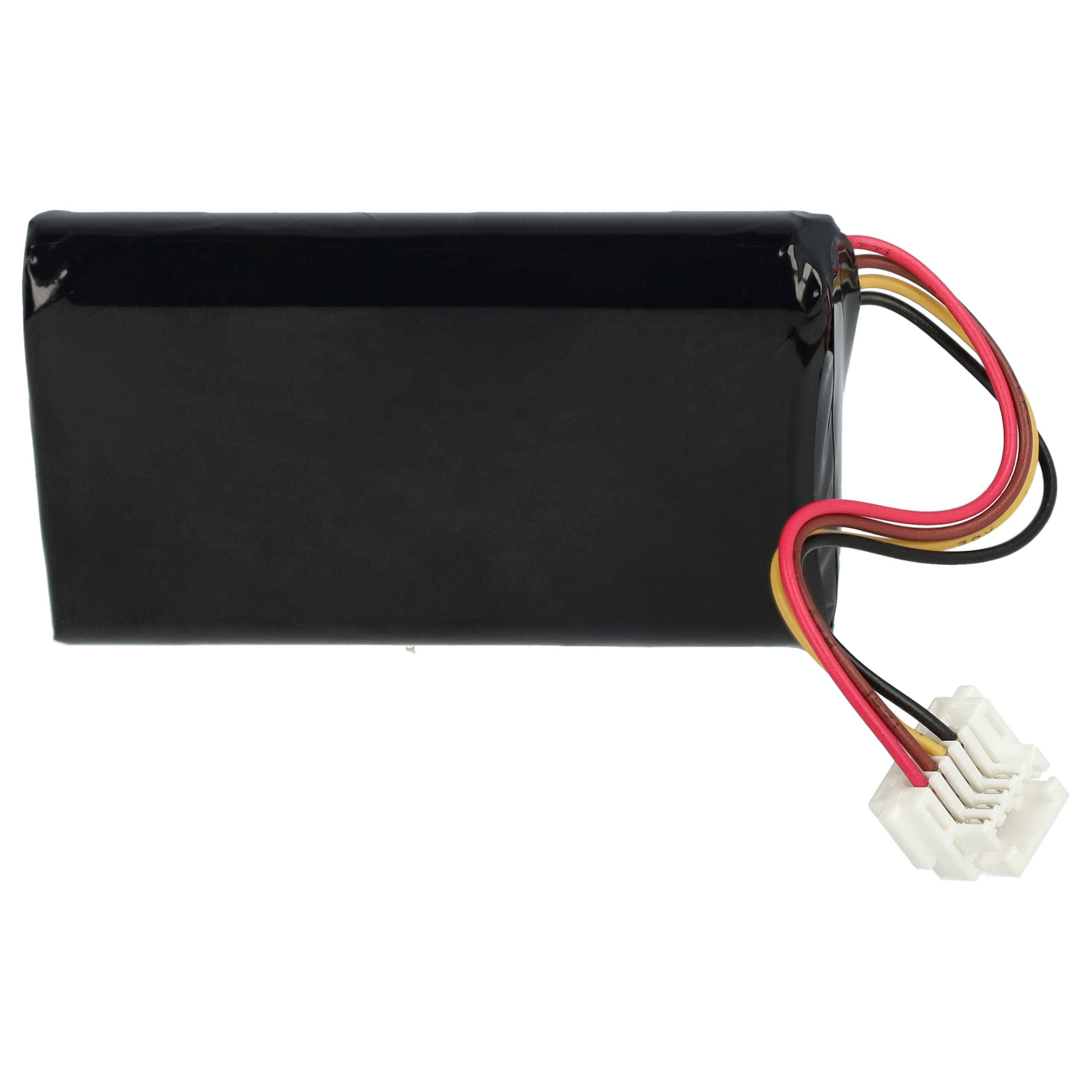 Eine schwarze rechteckige Lithium-Ionen-Batterie mit roten, schwarzen und gelben Drähten, die in einem weißen Stecker enden.