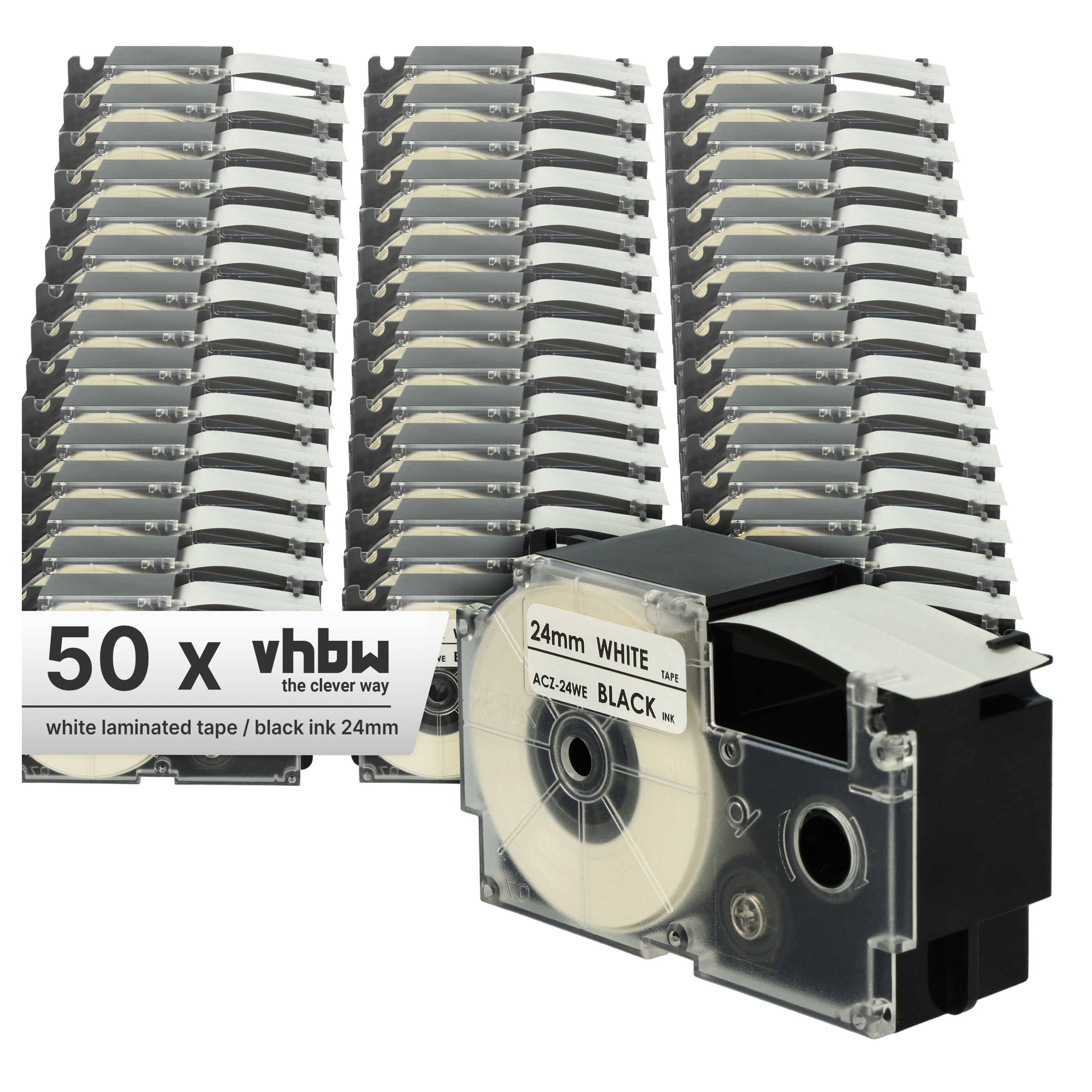 vhbw 50x Schriftband-Kassette kompatibel mit Casio KL-8200, KL-8100, KL-200E, KL-7400, KL-820, CW-L300 Etiketten-Drucker 8m x 24mm Schwarz auf Weiß