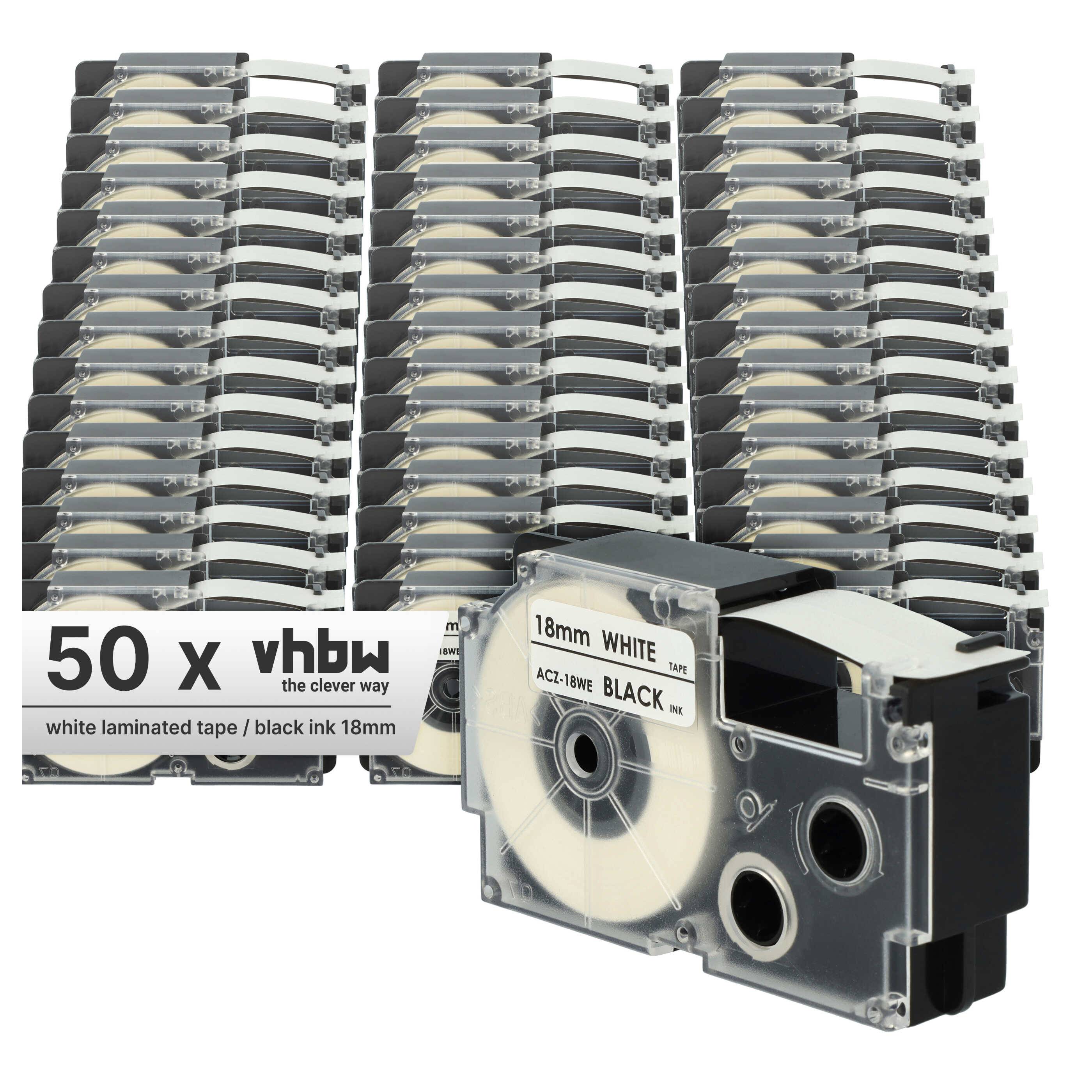 vhbw 50x Schriftband-Kassette kompatibel mit Casio KL-2000, KL-300, KL-70E, KL-200E, KL-60, KL-7000 Etiketten-Drucker 8m x 18mm Schwarz auf Weiß
