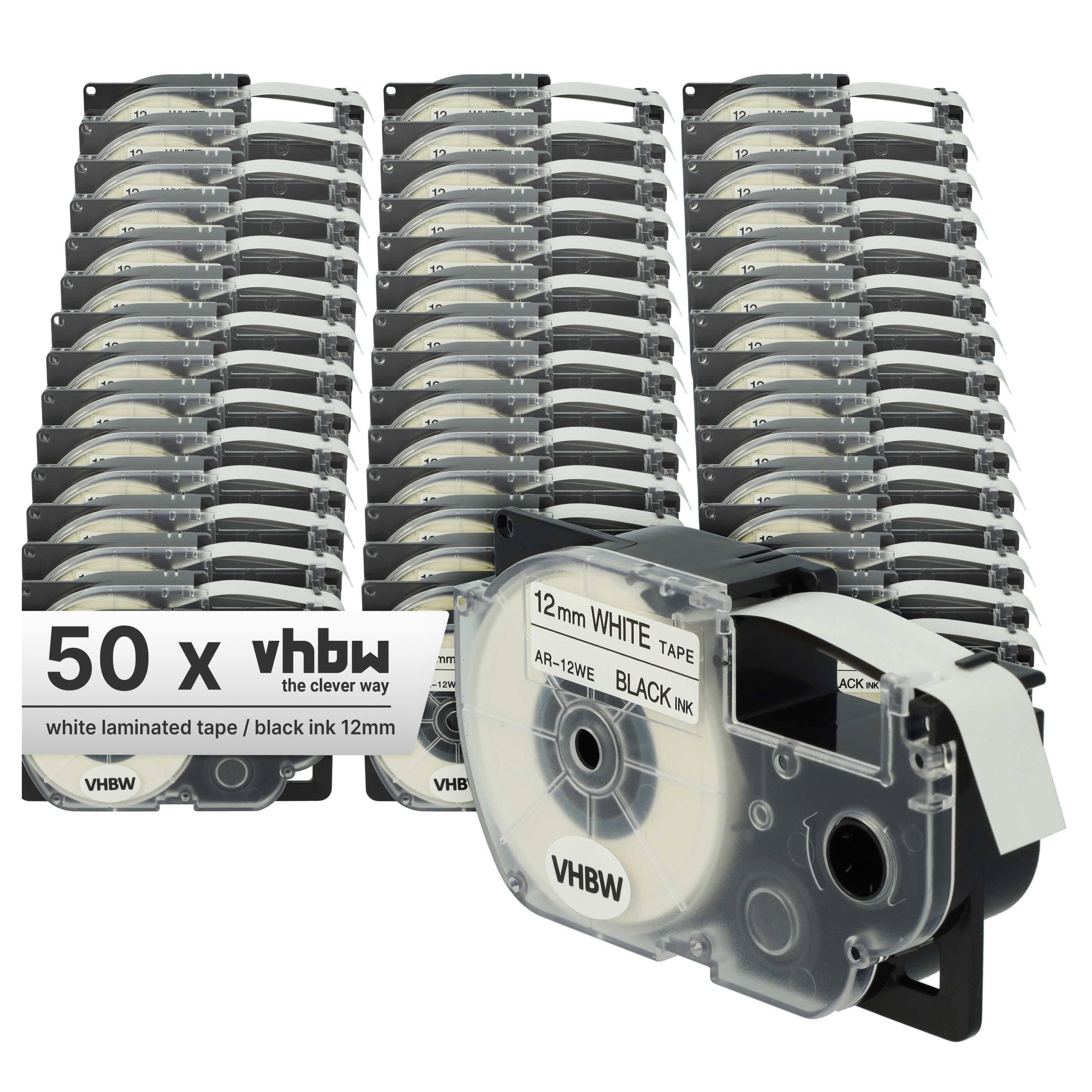 vhbw 50x Schriftband-Kassette kompatibel mit Casio KL-750E, KL-8100, KL-7400, KL-820, KL-780, KL-7200 Etiketten-Drucker 8m x 12mm Schwarz auf Weiß