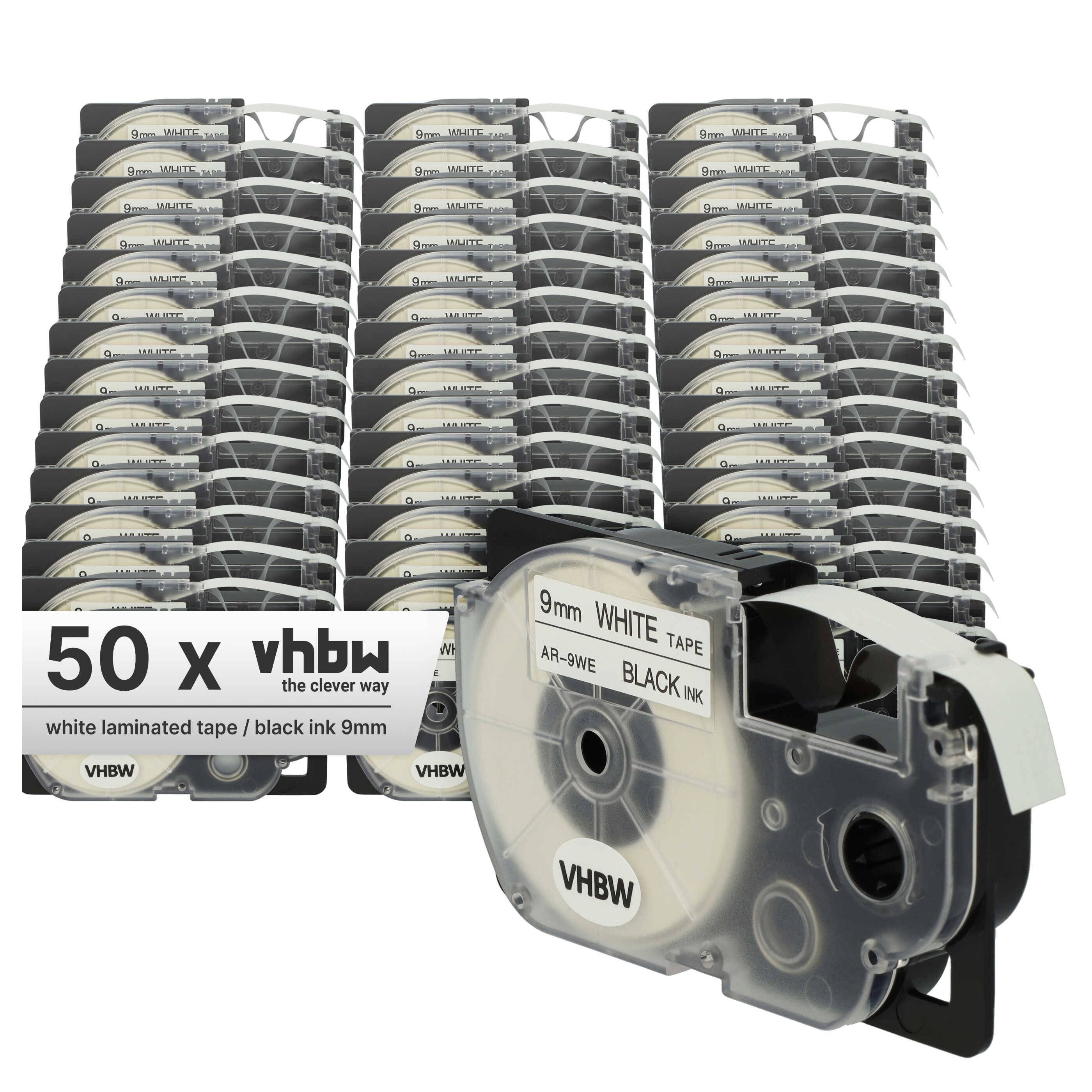 vhbw 50x Schriftband-Kassette kompatibel mit Casio KL-200, KL-130, KL-100E, KL-120, KL-1500, CW-L300 Etiketten-Drucker 8m x 9mm Schwarz auf Weiß