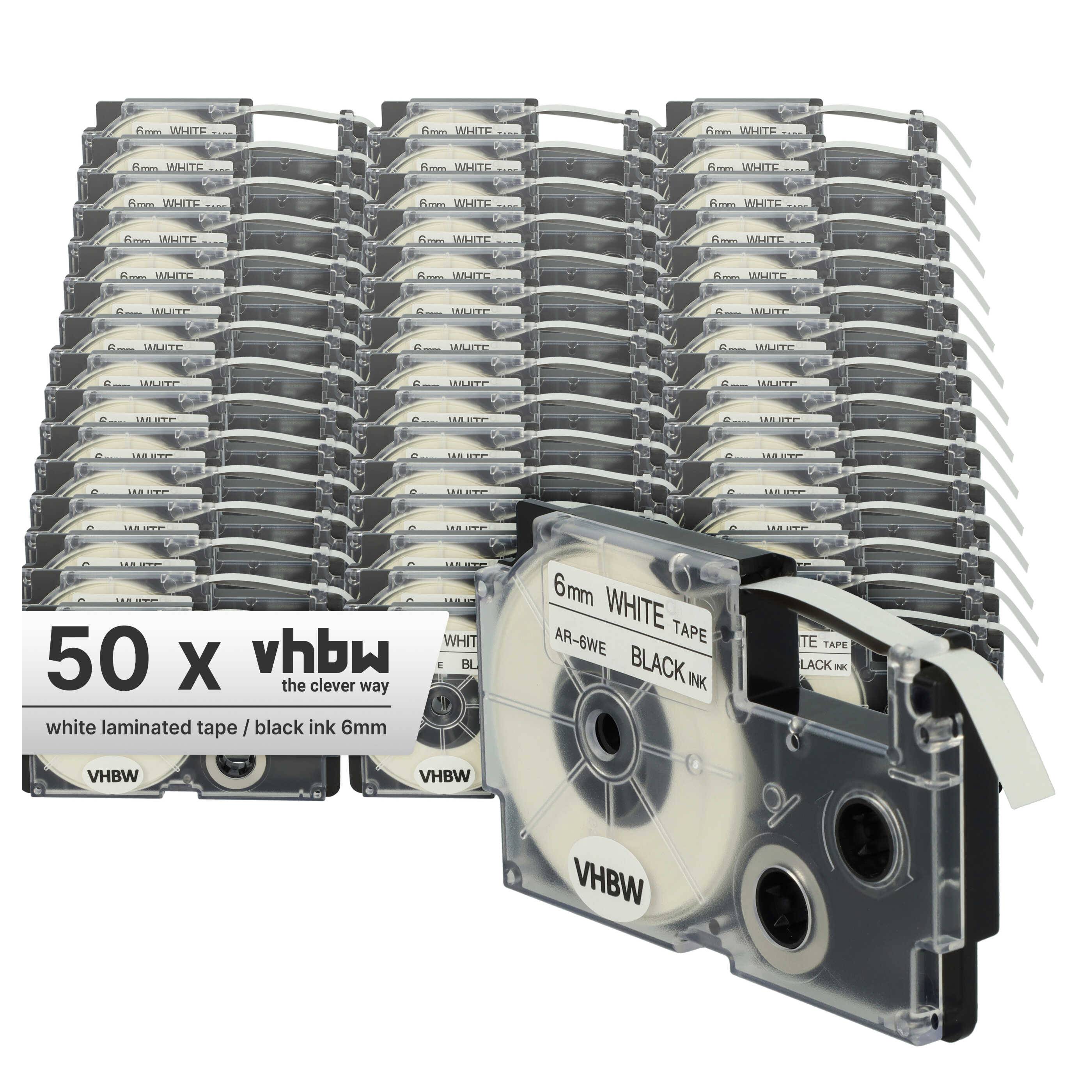 vhbw 50x Schriftband-Kassette Ersatz für Casio XR-6WE1, XR-6WE für Etiketten-Drucker 8m x 6mm Schwarz auf Weiß