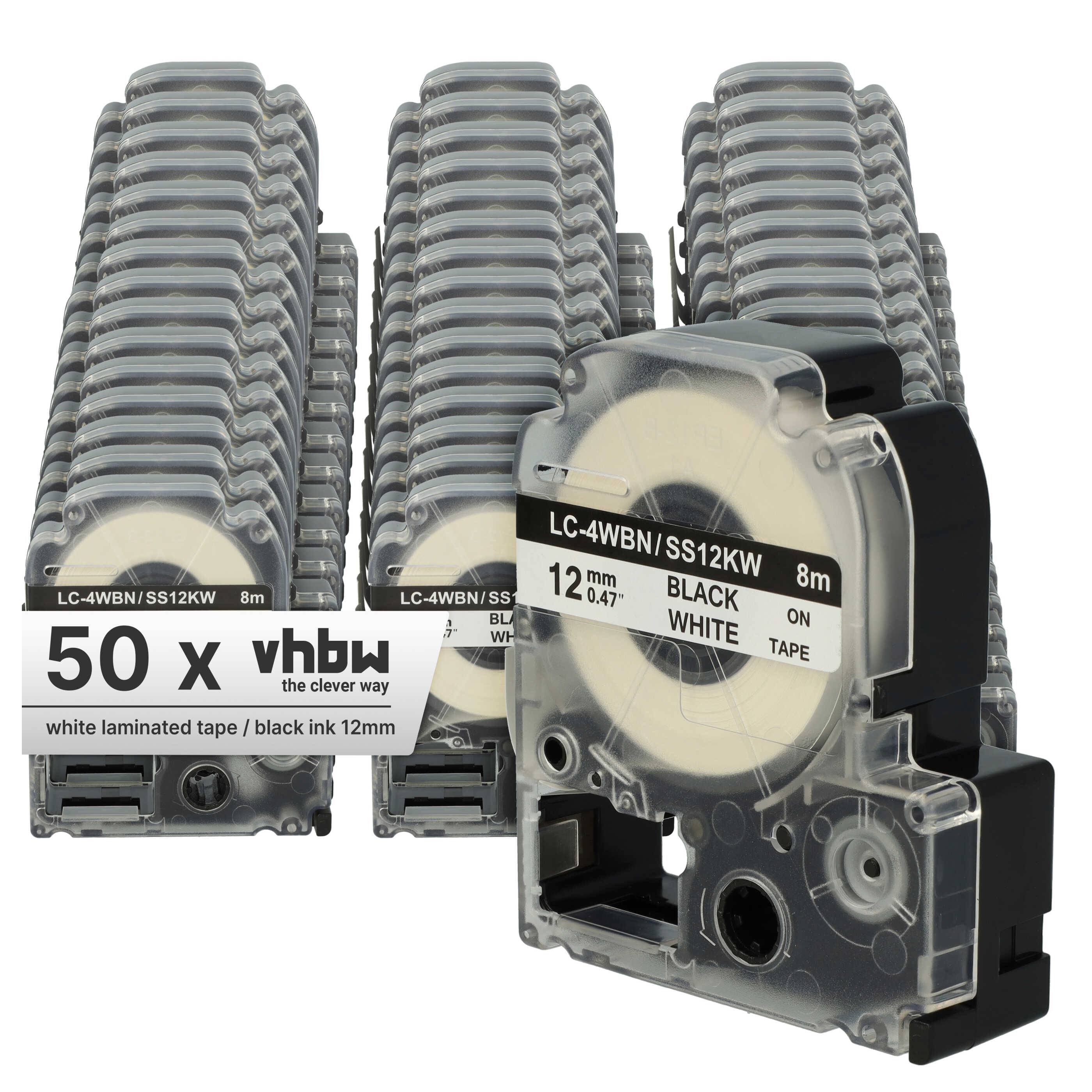 vhbw 50x Schriftband-Kassette kompatibel mit KingJim SR530C, SR550, SR530, SR6700D, SR3900P, SR750, SR40 Etiketten-Drucker 12mm Schwarz auf Weiß