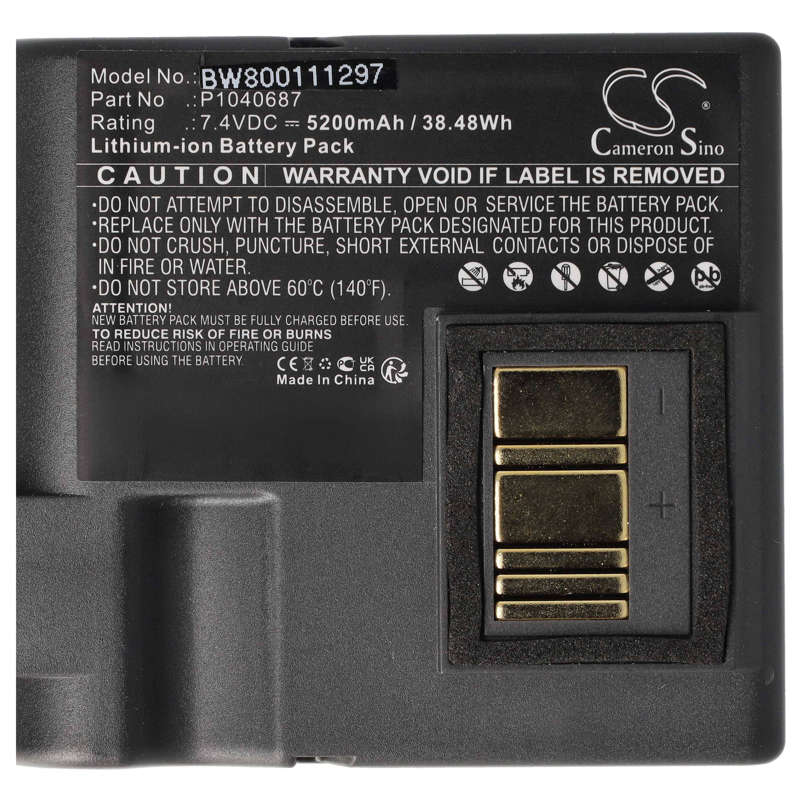 Batteriepack mit Modell BW800111297 und Teil P1040687. Nennleistung 7,4 VDC, 5200mAh, 38,48Wh. Enthält Warnungen zur ordnungsgemäßen Verwendung.