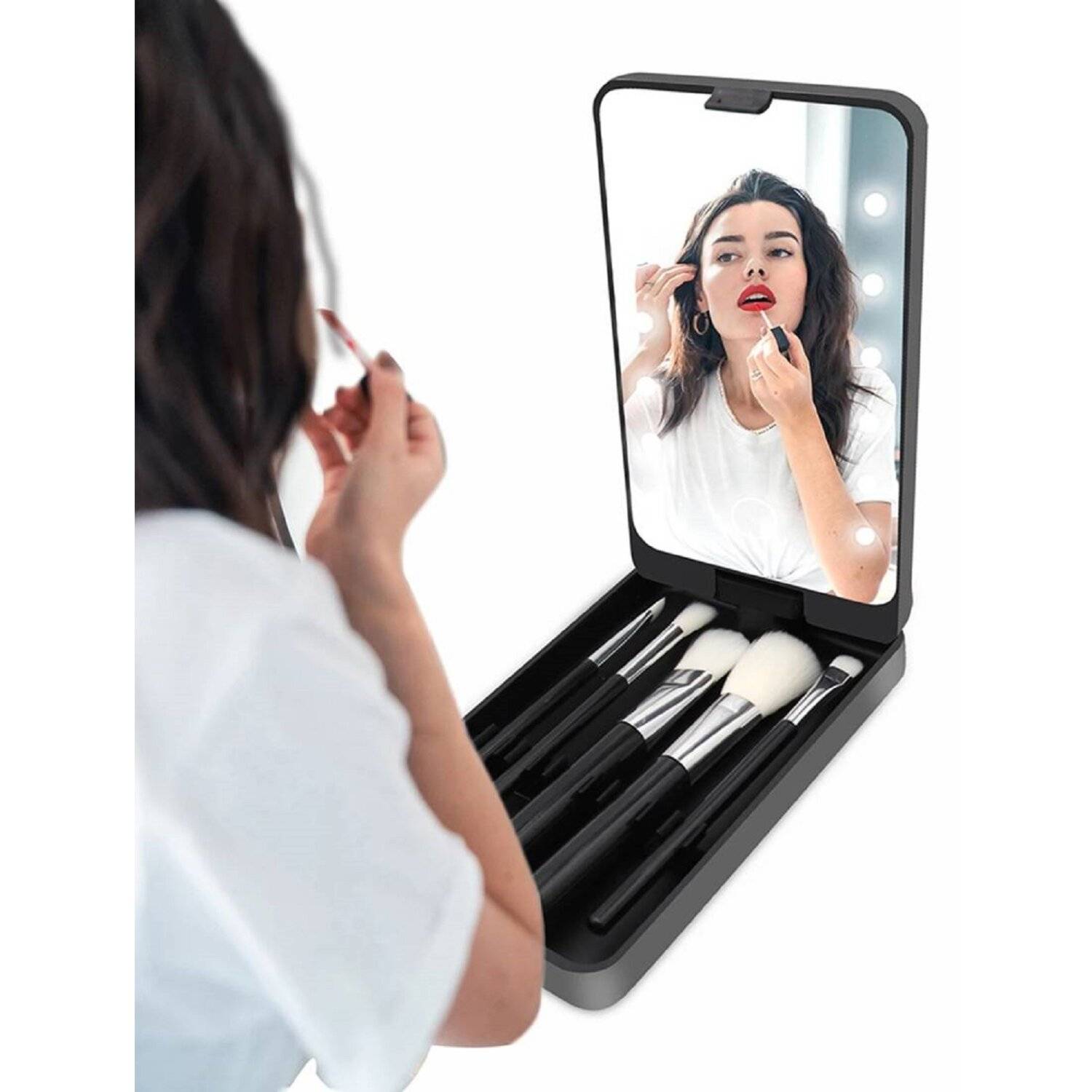 Kosmetischer LED-Schminkspiegel + 5 Make-up-Pinsel schwarz