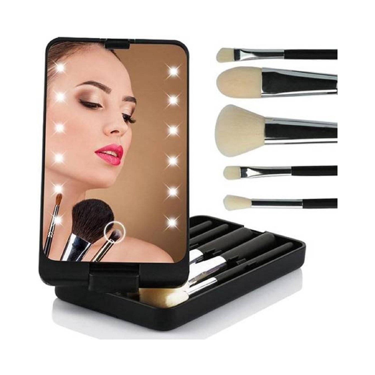Kosmetischer LED-Schminkspiegel + 5 Make-up-Pinsel schwarz