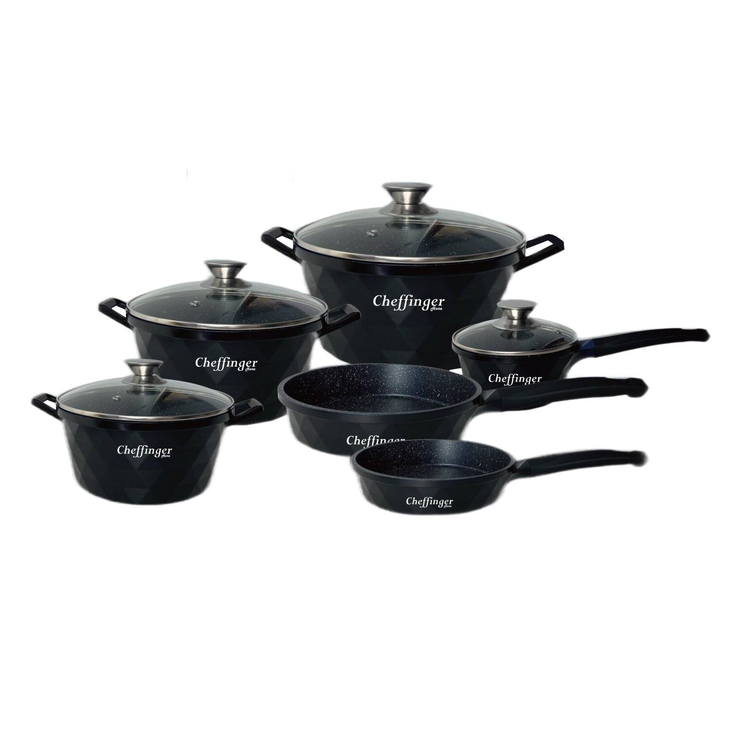 12-Teilig Kochtopf Set Induktion Kochtöpfe Diamant Topf Induktion Alu Guss Töpfe Deckel Handschuhe Schwarz