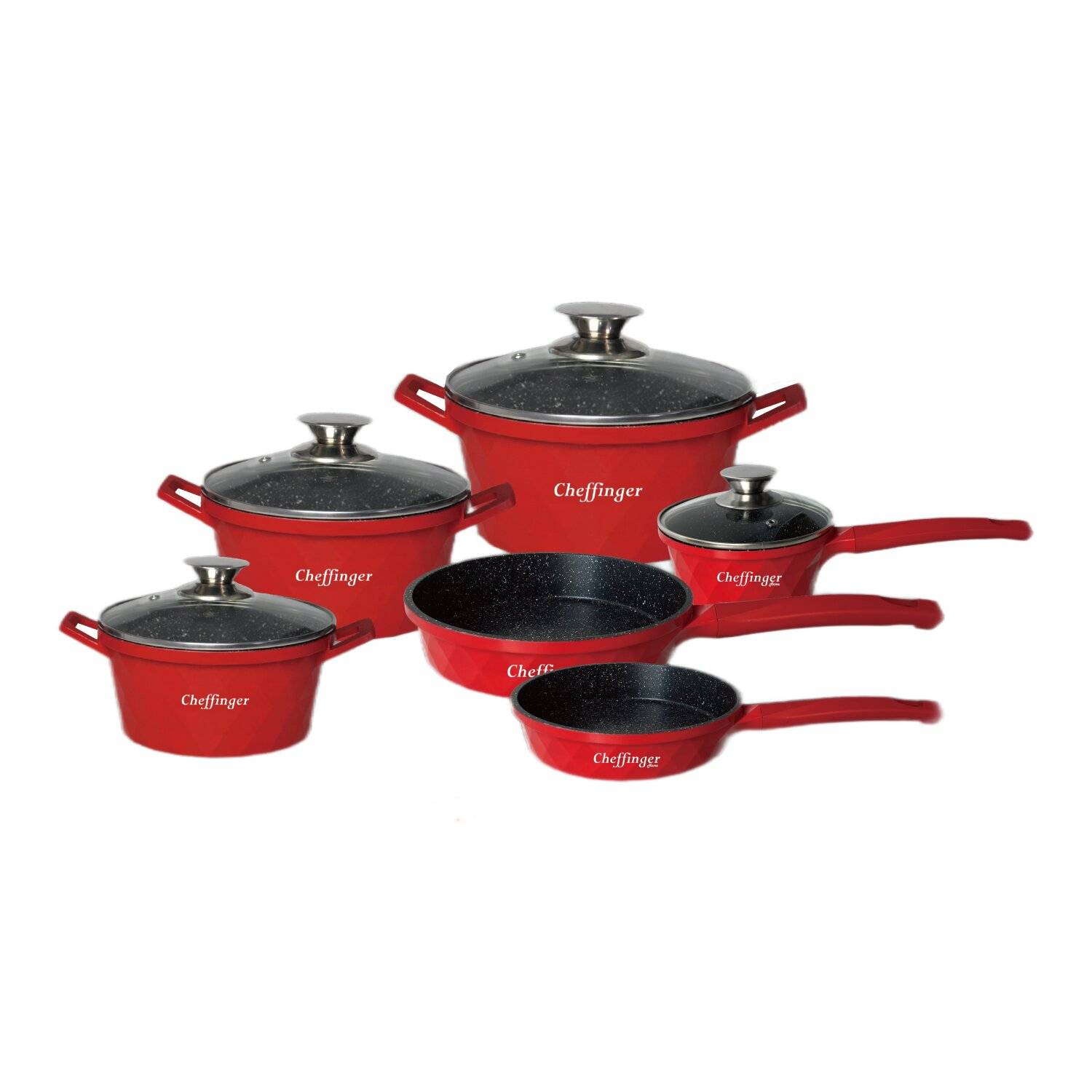 12-Teilig Kochtopf Set Induktion Kochtöpfe Diamant Topf Induktion Alu Guss Töpfe Deckel Handschuhe Rot