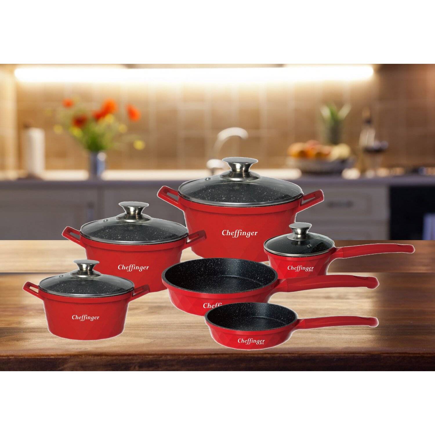 12-Teilig Kochtopf Set Induktion Kochtöpfe Diamant Topf Induktion Alu Guss Töpfe Deckel Handschuhe Rot