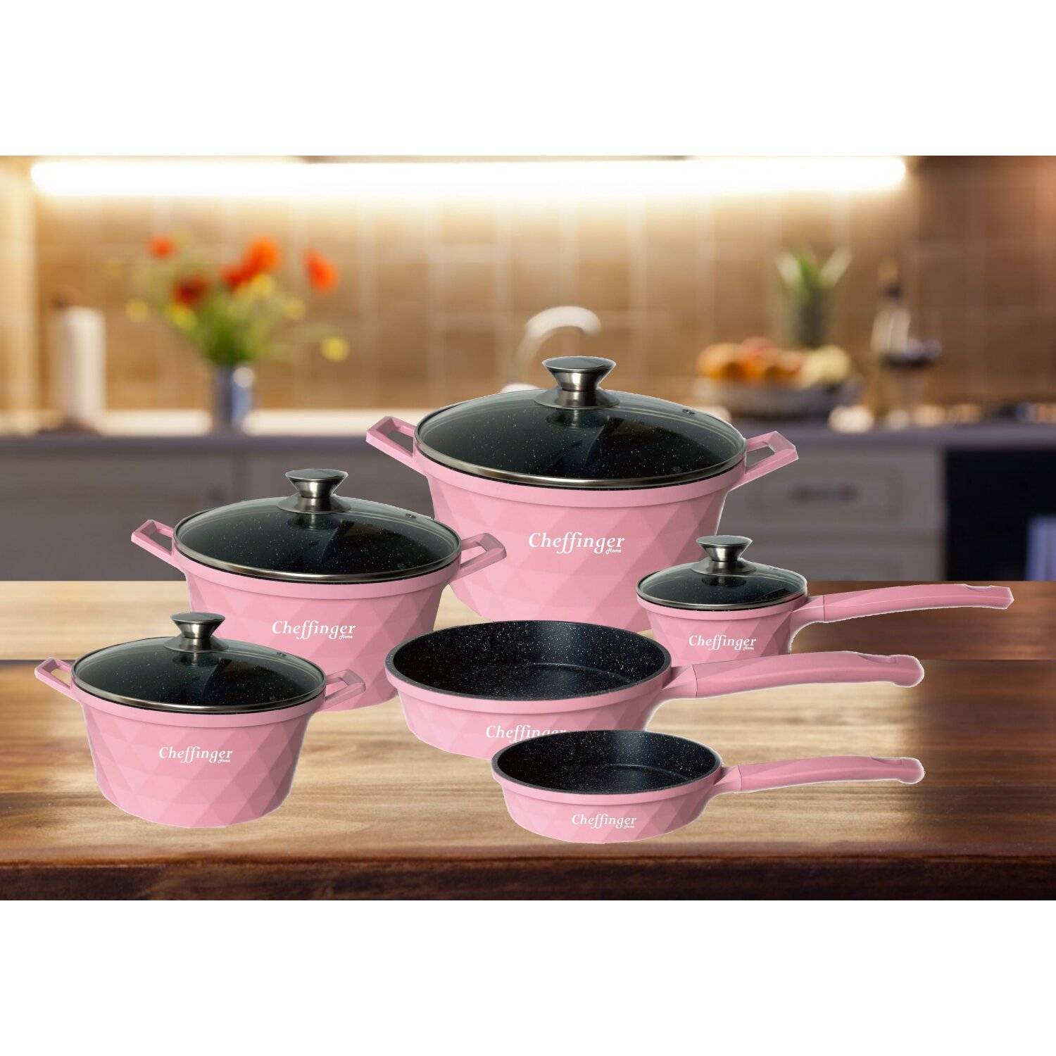 12-Teilig Kochtopf Set Induktion Kochtöpfe Diamant Topf Induktion Alu Guss Töpfe Deckel Handschuhe Pink