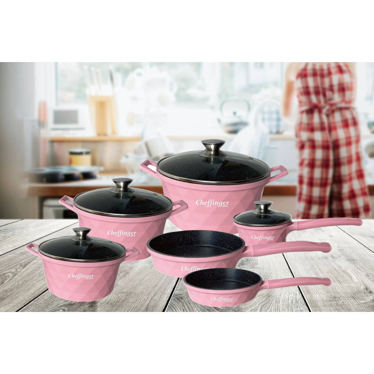 12-Teilig Kochtopf Set Induktion Kochtöpfe Diamant Topf Induktion Alu Guss Töpfe Deckel Handschuhe Pink