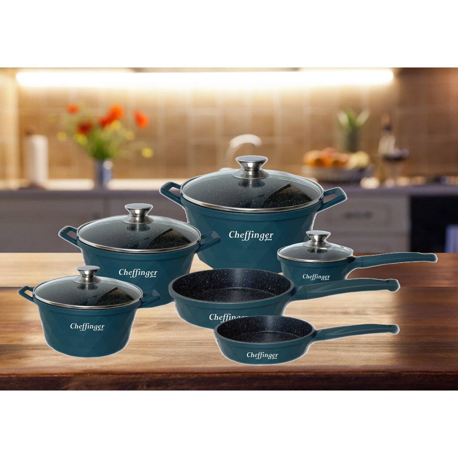 12-Teilig Kochtopf Set Induktion Kochtöpfe Diamant Topf Induktion Alu Guss Töpfe Deckel Handschuhe Grün