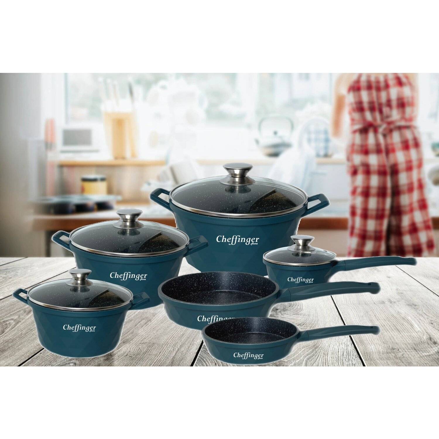12-Teilig Kochtopf Set Induktion Kochtöpfe Diamant Topf Induktion Alu Guss Töpfe Deckel Handschuhe Grün