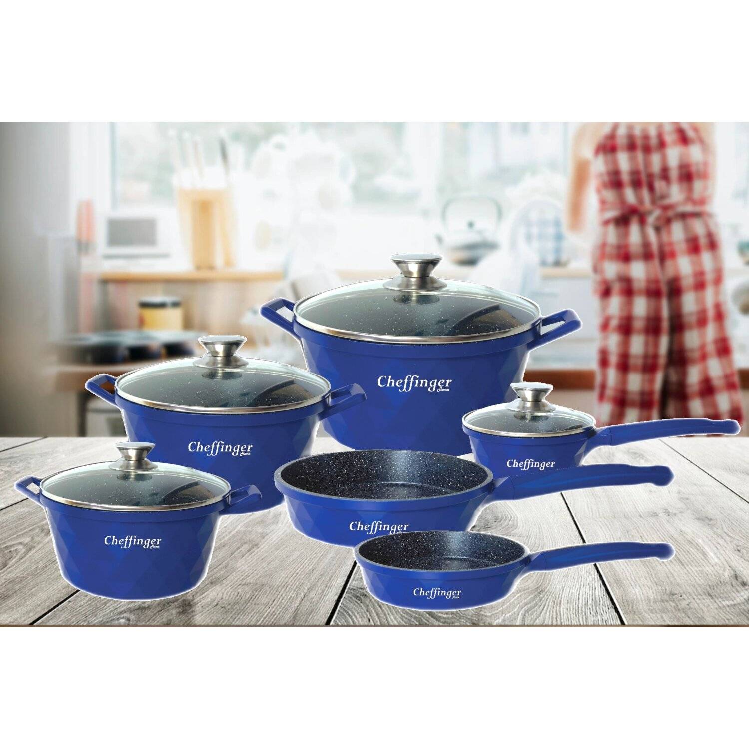 12-Teilig Kochtopf Set Induktion Kochtöpfe Diamant Topf Induktion Alu Guss Töpfe Deckel Handschuhe Blau