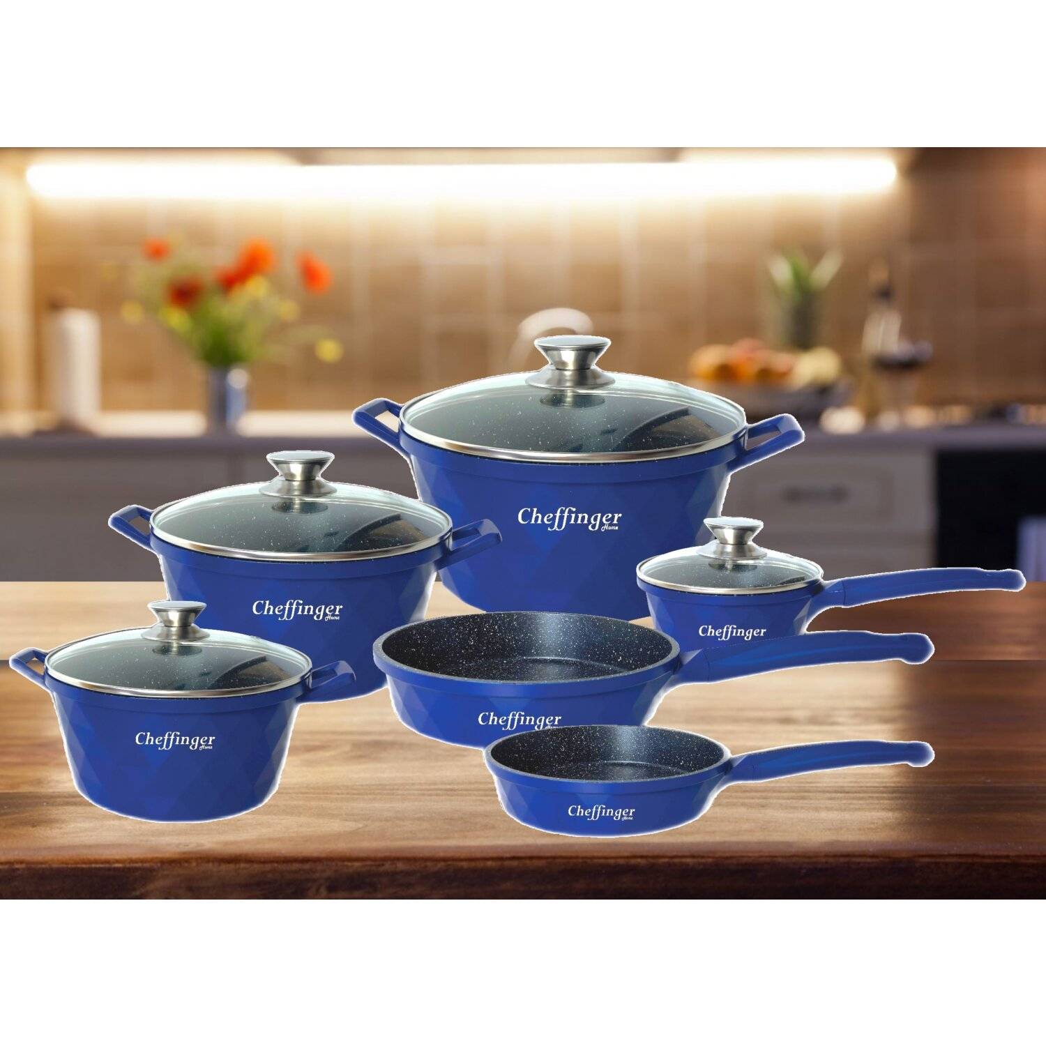 12-Teilig Kochtopf Set Induktion Kochtöpfe Diamant Topf Induktion Alu Guss Töpfe Deckel Handschuhe Blau