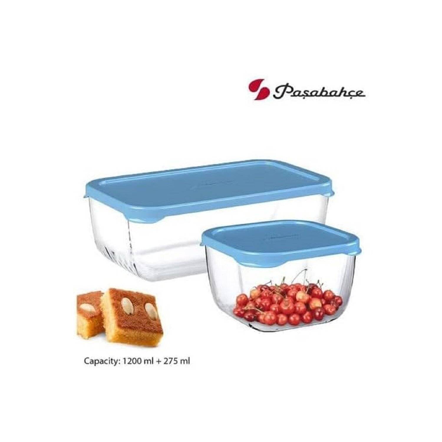 Pasabahce Snow Box Aufbewahrungsset Blau Deckel, 3 Stück - 1200ml + 275cc + 275cc