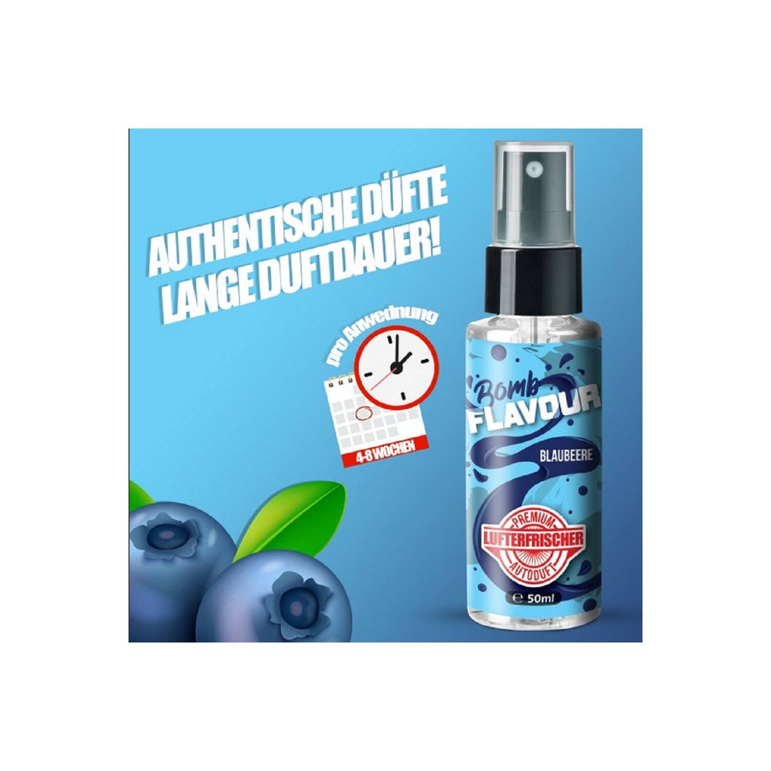 FLAVOUR BOMB Blaubeere - Autoduft mit Blaubeere Geruch - Premium Lufterfrischer für den Auto-Innenraum, 50ml