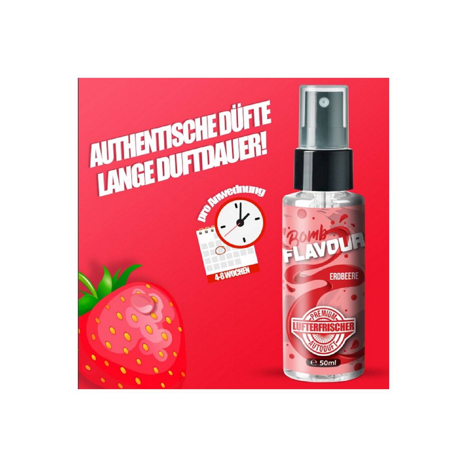 FLAVOUR BOMB Erdbeere- Autoduft mit Erdbeere Geruch - Premium Lufterfrischer für den Auto-Innenraum, 50ml