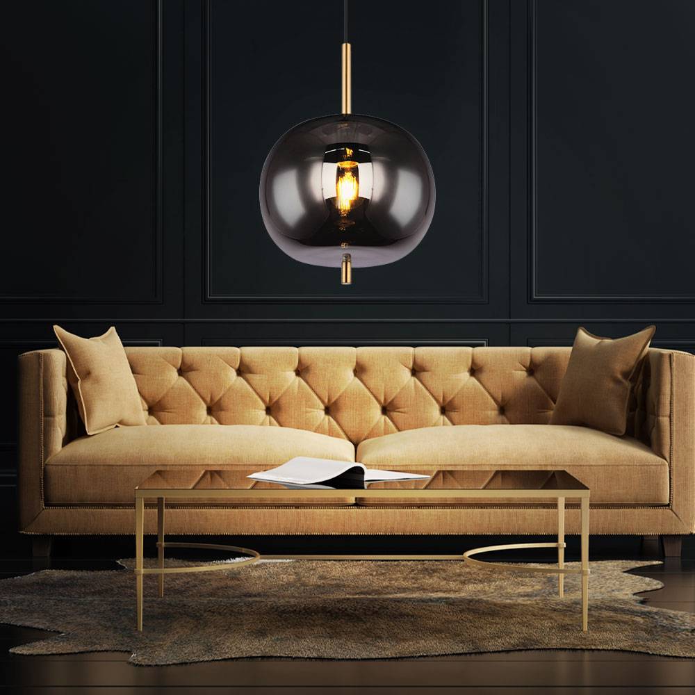 Hängelampe Pendellampe Hängeleuchte Esstischlampe Kugel messingfarben Rauchglas, Metall, 1x E27 Fassung, DxH 30x120cm