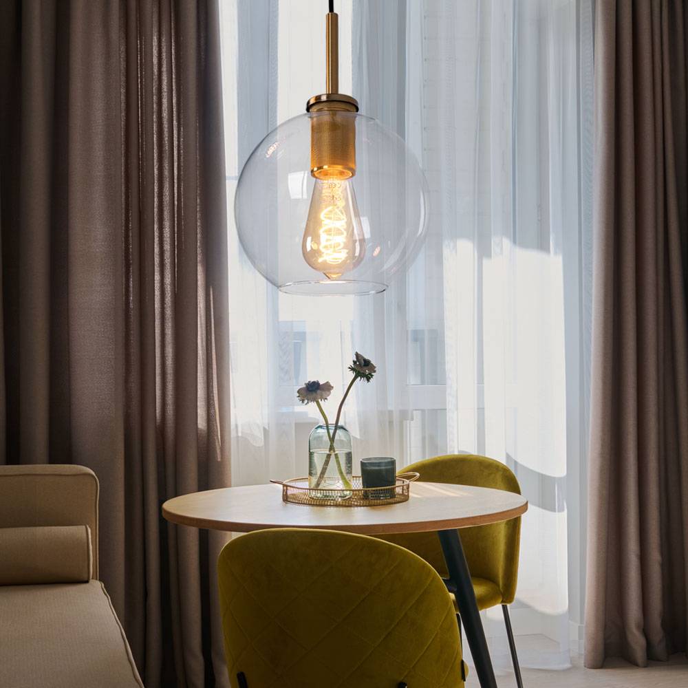 Hängeleuchte messing Retro Kugelleuchte Glas klar Esszimmerlampe hängend Kugel, Metall, 1x E27 Fassung, DxH 20x120 cm