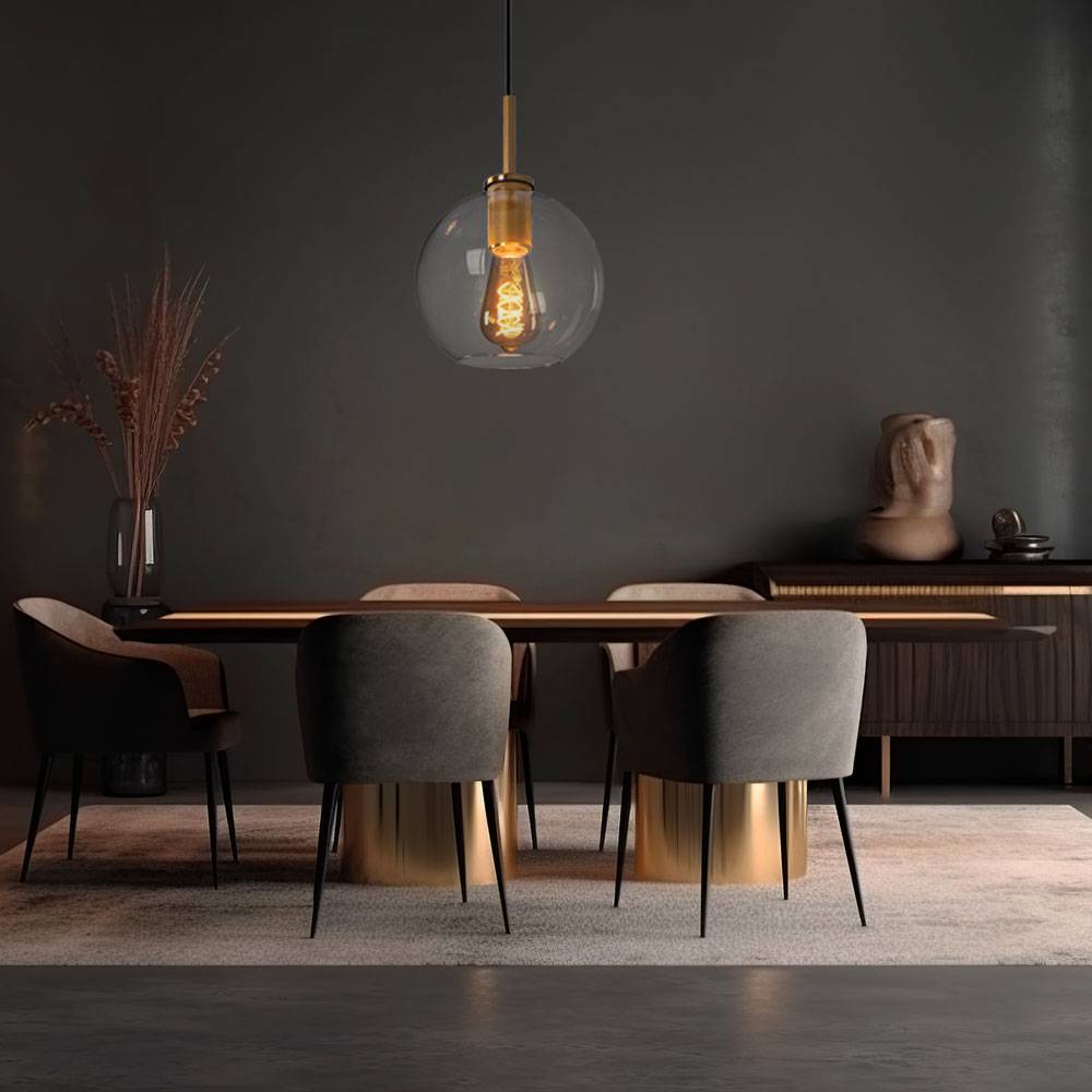 Hängeleuchte messing Retro Kugelleuchte Glas klar Esszimmerlampe hängend Kugel, Metall, 1x E27 Fassung, DxH 20x120 cm