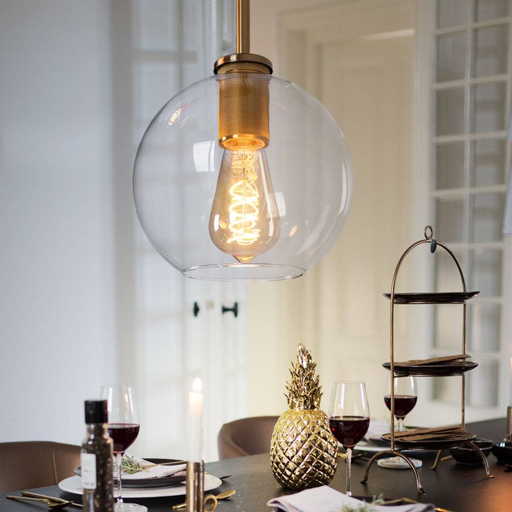 Hängeleuchte messing Retro Kugelleuchte Glas klar Esszimmerlampe hängend Kugel, Metall, 1x E27 Fassung, DxH 20x120 cm