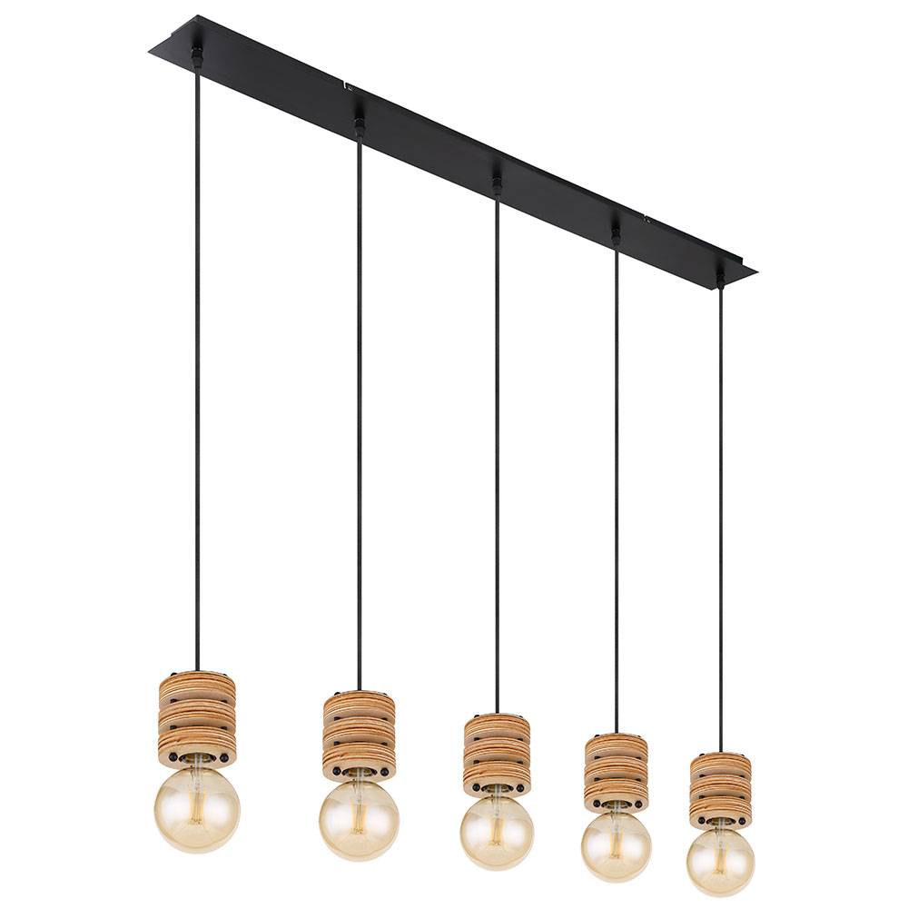 Esstischlampe hängend Holz Pendelleuchte Esstisch Holz Holzlampen Decke hängend, Metall MDF schwarz, 5x E27 Fassung, LxBxH 116x10x120 cm