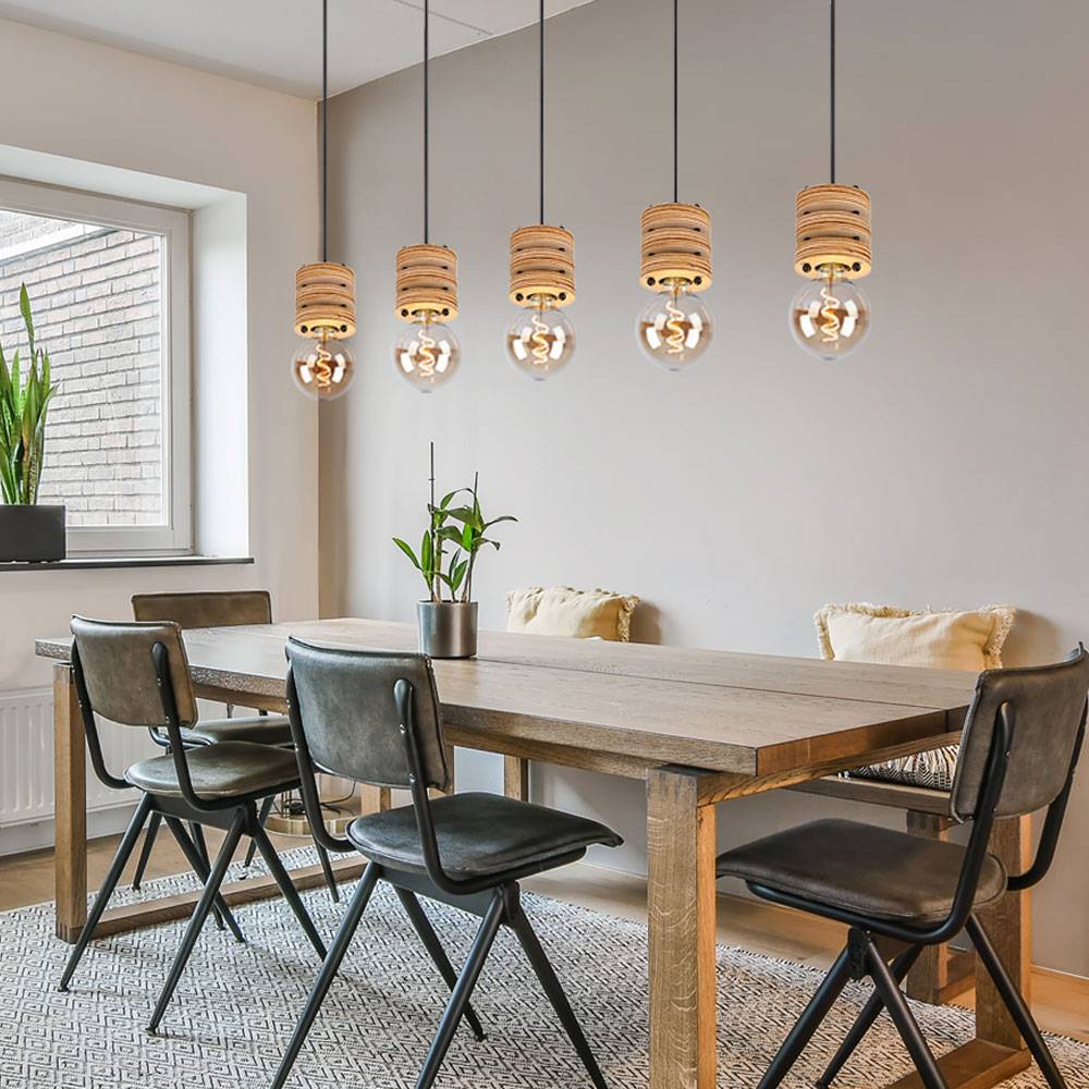 Esstischlampe hängend Holz Pendelleuchte Esstisch Holz Holzlampen Decke hängend, Metall MDF schwarz, 5x E27 Fassung, LxBxH 116x10x120 cm