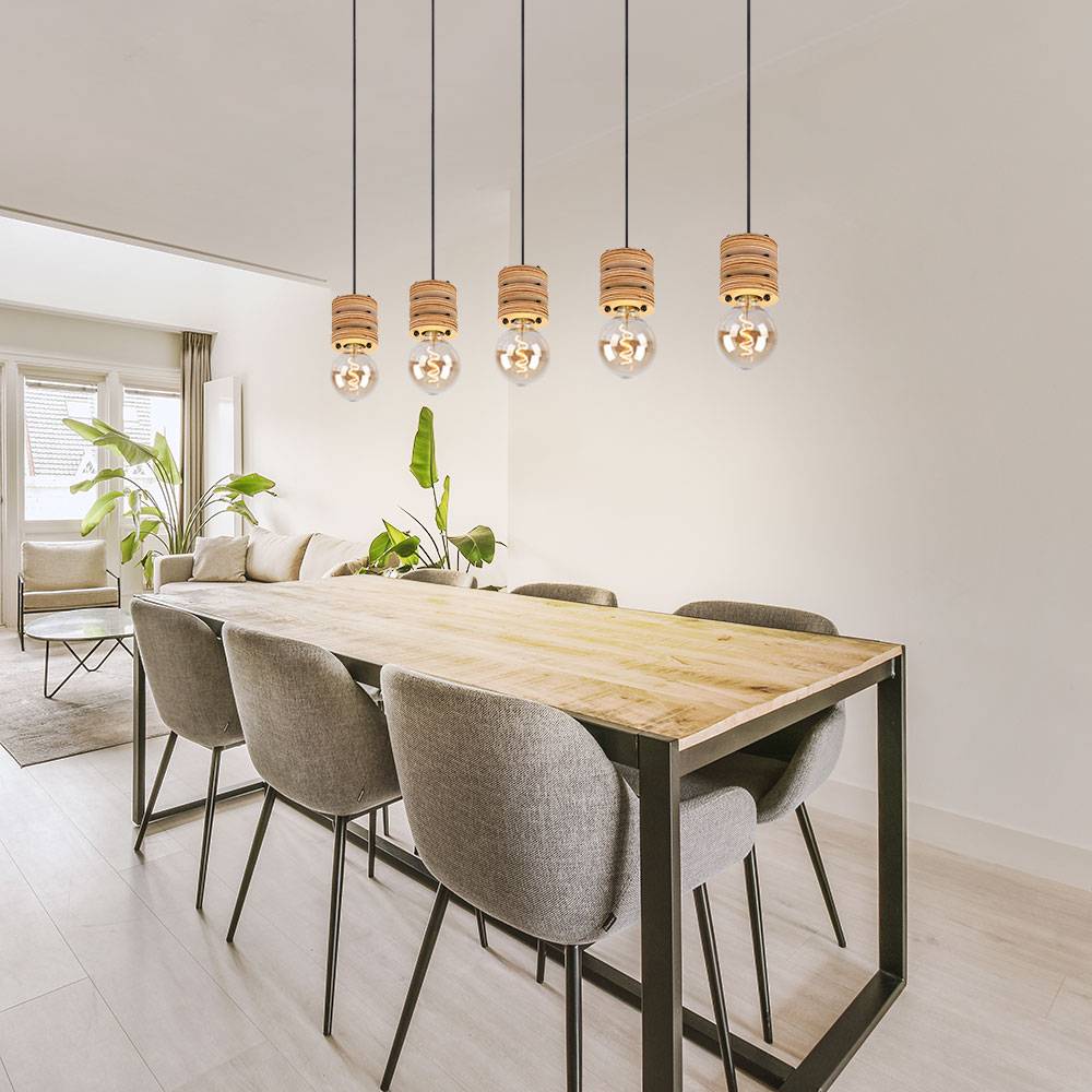Esstischlampe hängend Holz Pendelleuchte Esstisch Holz Holzlampen Decke hängend, Metall MDF schwarz, 5x E27 Fassung, LxBxH 116x10x120 cm