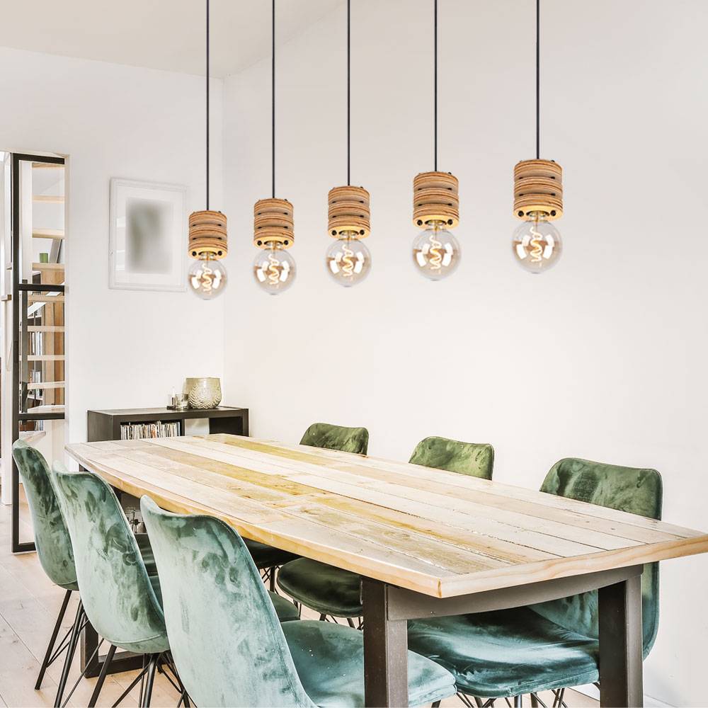 Esstischlampe hängend Holz Pendelleuchte Esstisch Holz Holzlampen Decke hängend, Metall MDF schwarz, 5x E27 Fassung, LxBxH 116x10x120 cm