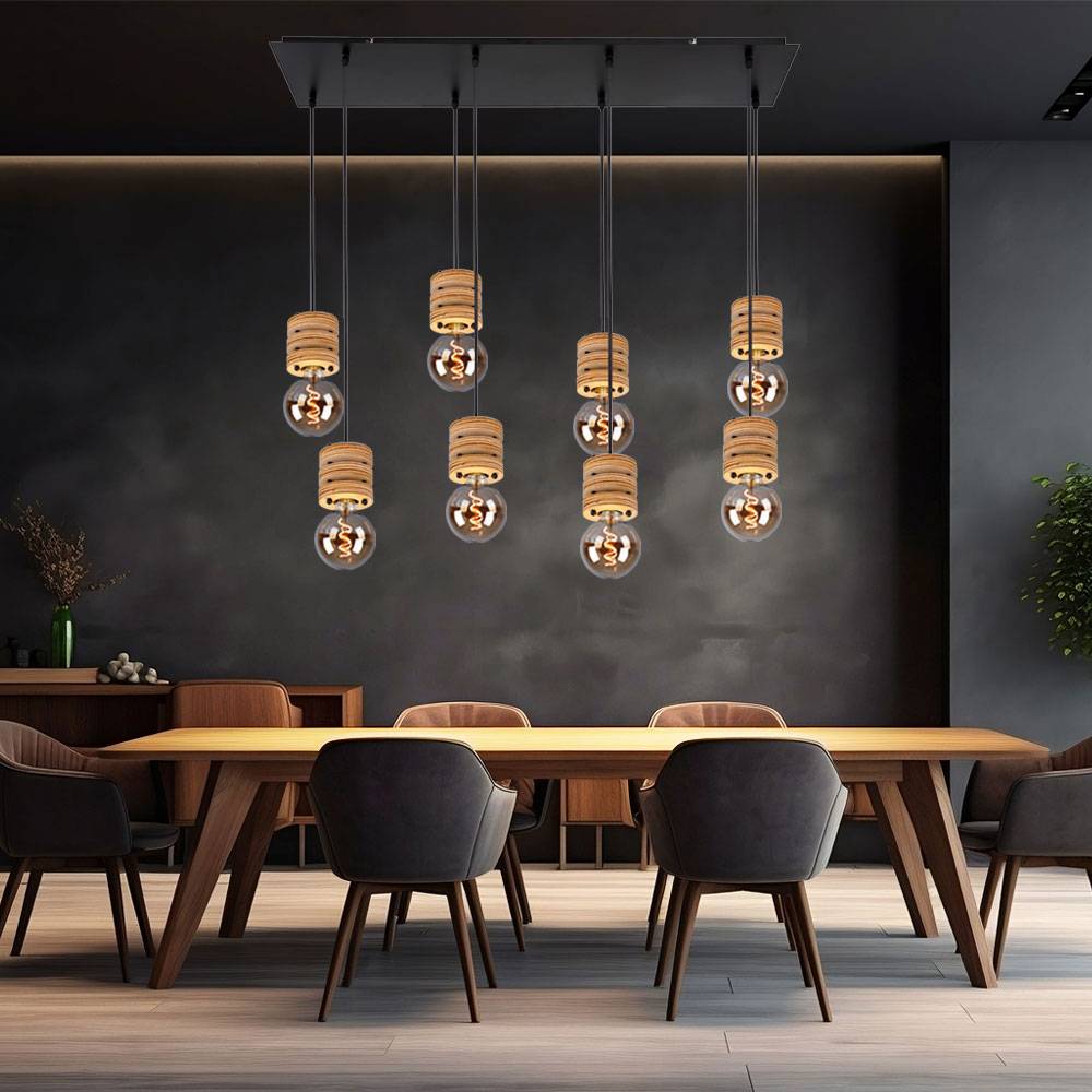 Esstischlampe hängend Holz Pendelleuchte Esstisch Holz Holzlampen Decke hängend, Metall MDF schwarz, 8x E27 Fassung, LxBxH 98 x 24 x 120 cm
