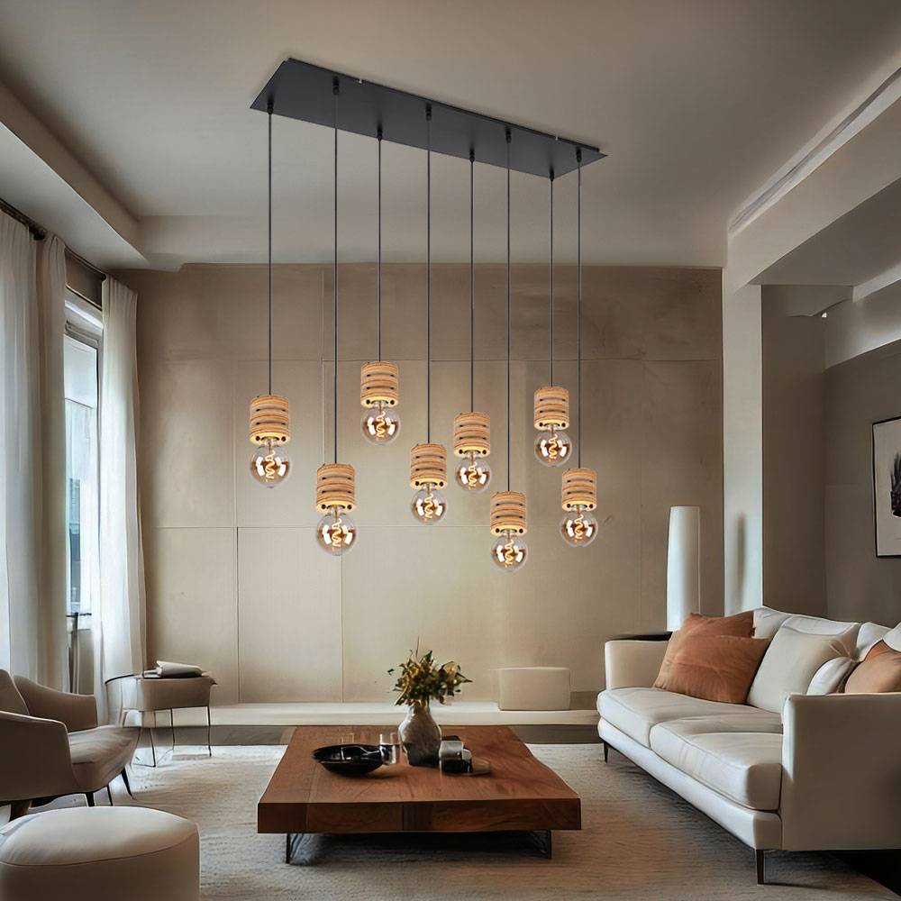 Esstischlampe hängend Holz Pendelleuchte Esstisch Holz Holzlampen Decke hängend, Metall MDF schwarz, 8x E27 Fassung, LxBxH 98 x 24 x 120 cm