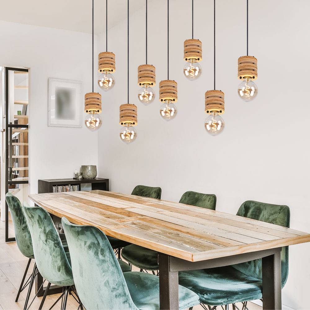 Esstischlampe hängend Holz Pendelleuchte Esstisch Holz Holzlampen Decke hängend, Metall MDF schwarz, 8x E27 Fassung, LxBxH 98 x 24 x 120 cm