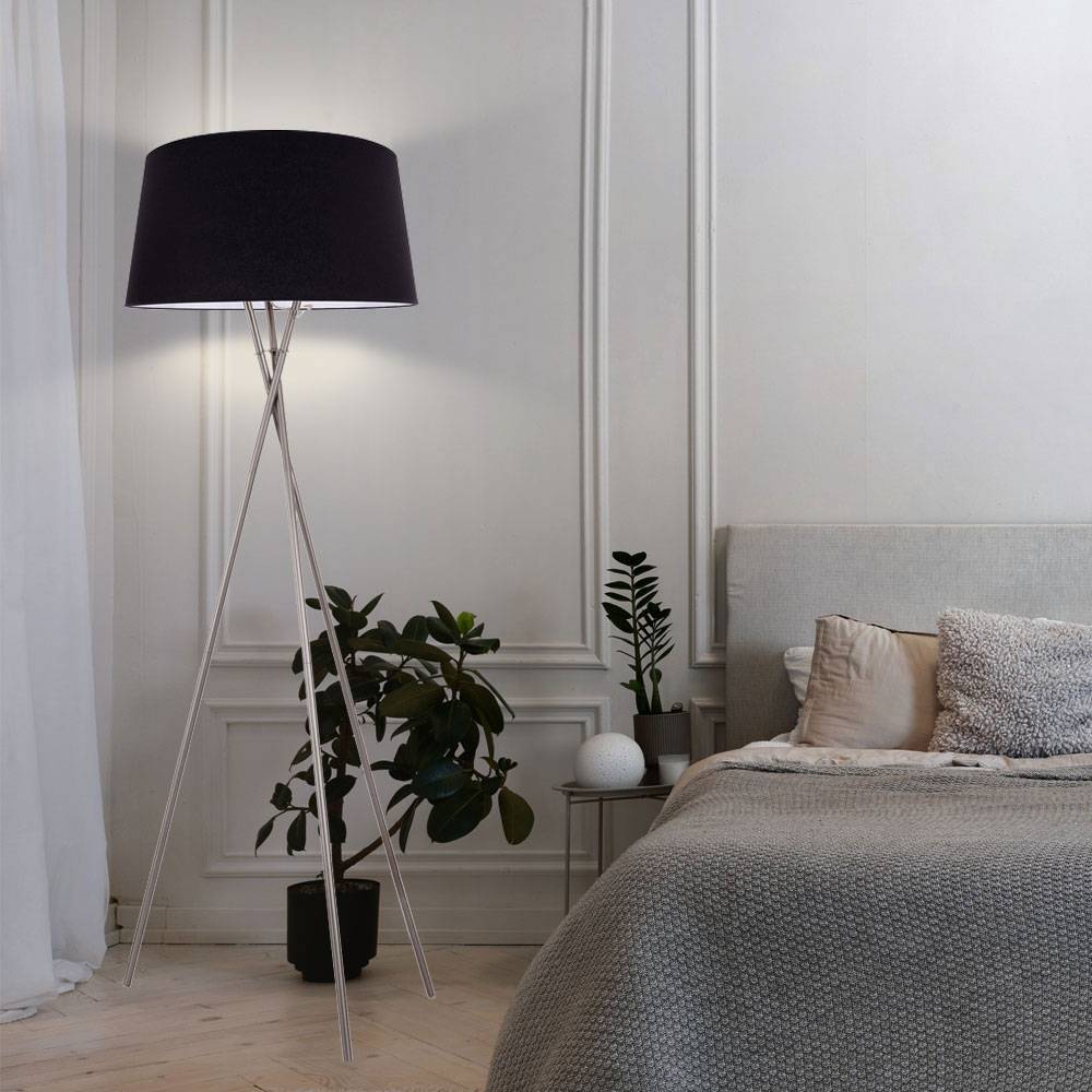 Stehlampe Stehleuchte Wohnzimmerlampe Standleuchte Schlafzimmer, 3 Beine, Metall Stoffschirm Nickel matt schwarz, 1x E27 Fassung, DxH 62x154cm