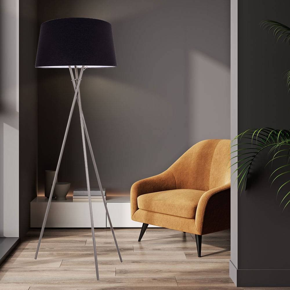 Stehlampe Stehleuchte Wohnzimmerlampe Standleuchte Schlafzimmer, 3 Beine, Metall Stoffschirm Nickel matt schwarz, 1x E27 Fassung, DxH 62x154cm