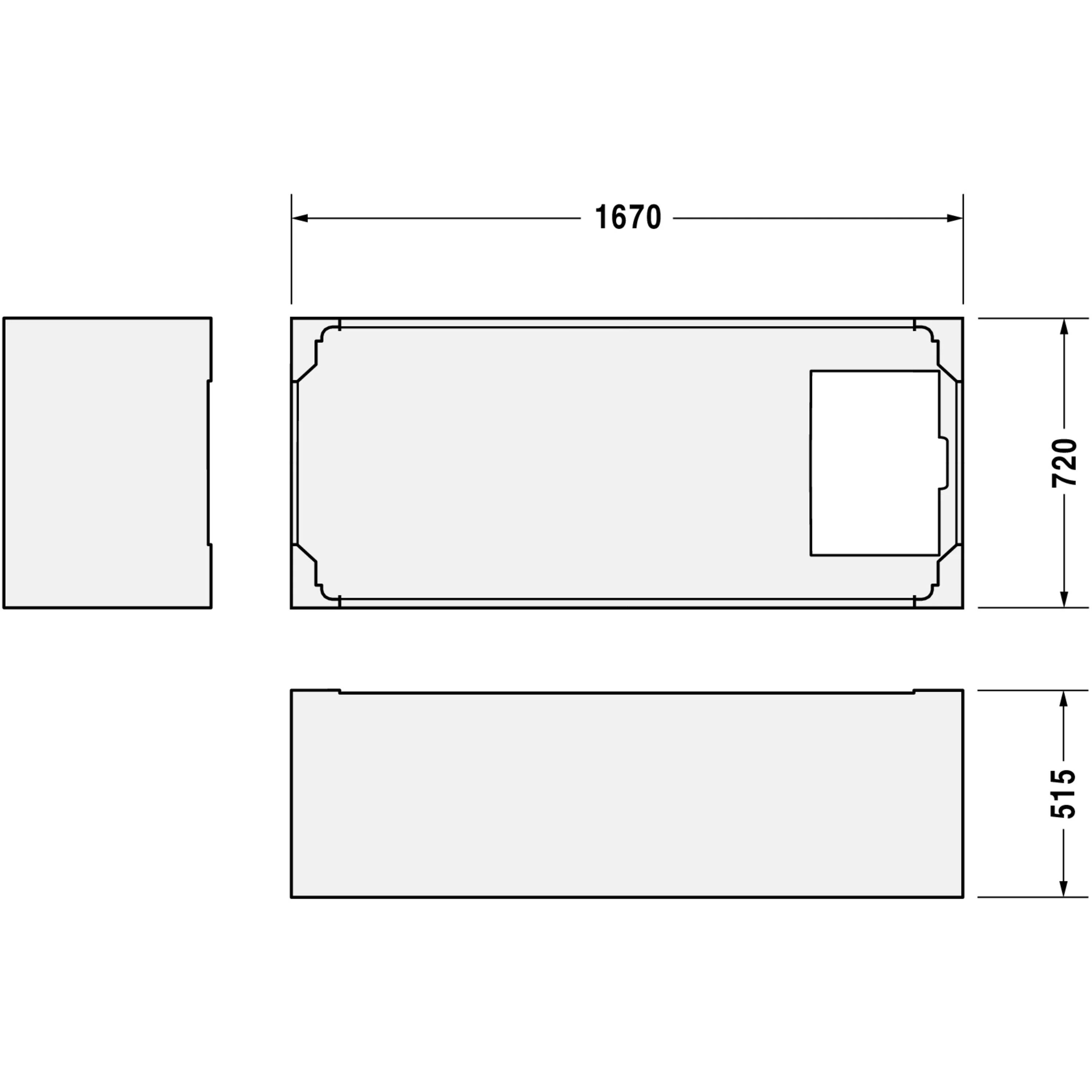 Technische Zeichnung eines rechteckigen Panels mit Abmessungen: 1670 breit, 720 hoch und 515 tief, mit Seiten- und Draufsichten.