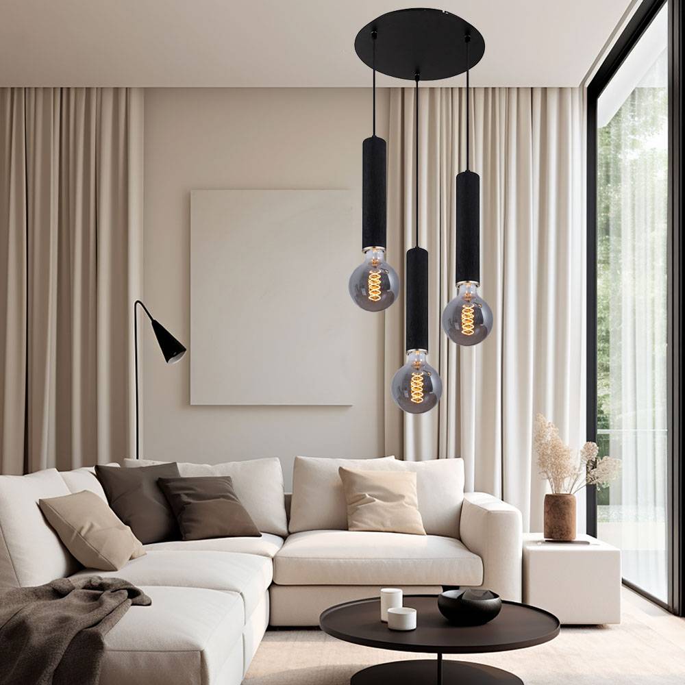 Pendelleuchte Hängelampe 3 flammig Holz Esstischleuchte Wohnzimmer Cluster Pendellampe, schwarz, 3x E27, DxH 35 x 160 cm