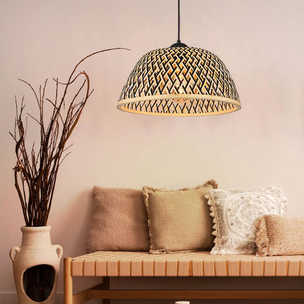 Pendellampe Esstisch Hängeleuchte Bambus Esszimmerlampe braun, Boho Holzlampe Geflochten rund, Metall schwarz matt, 1x E27 Fassung, DxH 40x120 cm
