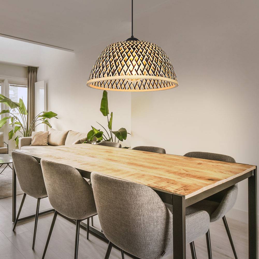 Pendellampe Esstisch Hängeleuchte Bambus Esszimmerlampe braun, Boho Holzlampe Geflochten rund, Metall schwarz matt, 1x E27 Fassung, DxH 40x120 cm