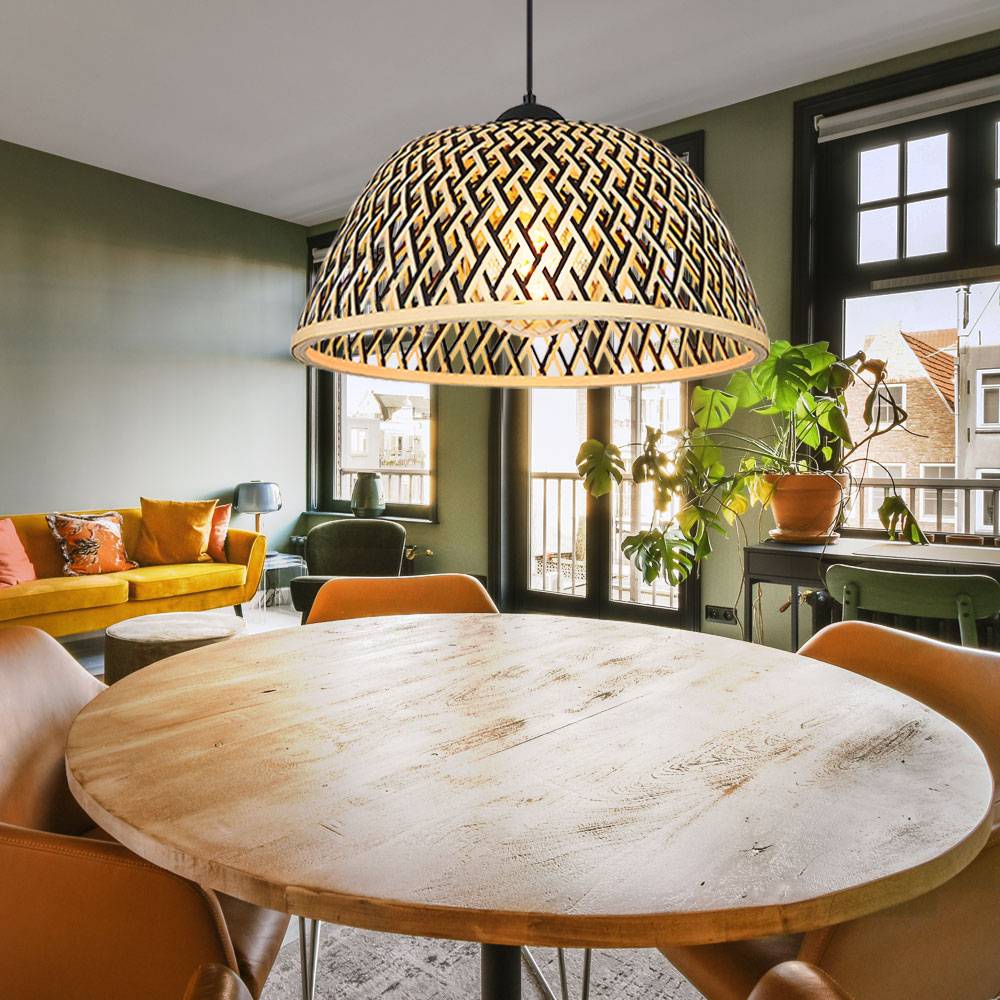 Pendellampe Esstisch Hängeleuchte Bambus Esszimmerlampe braun, Boho Holzlampe Geflochten rund, Metall schwarz matt, 1x E27 Fassung, DxH 40x120 cm