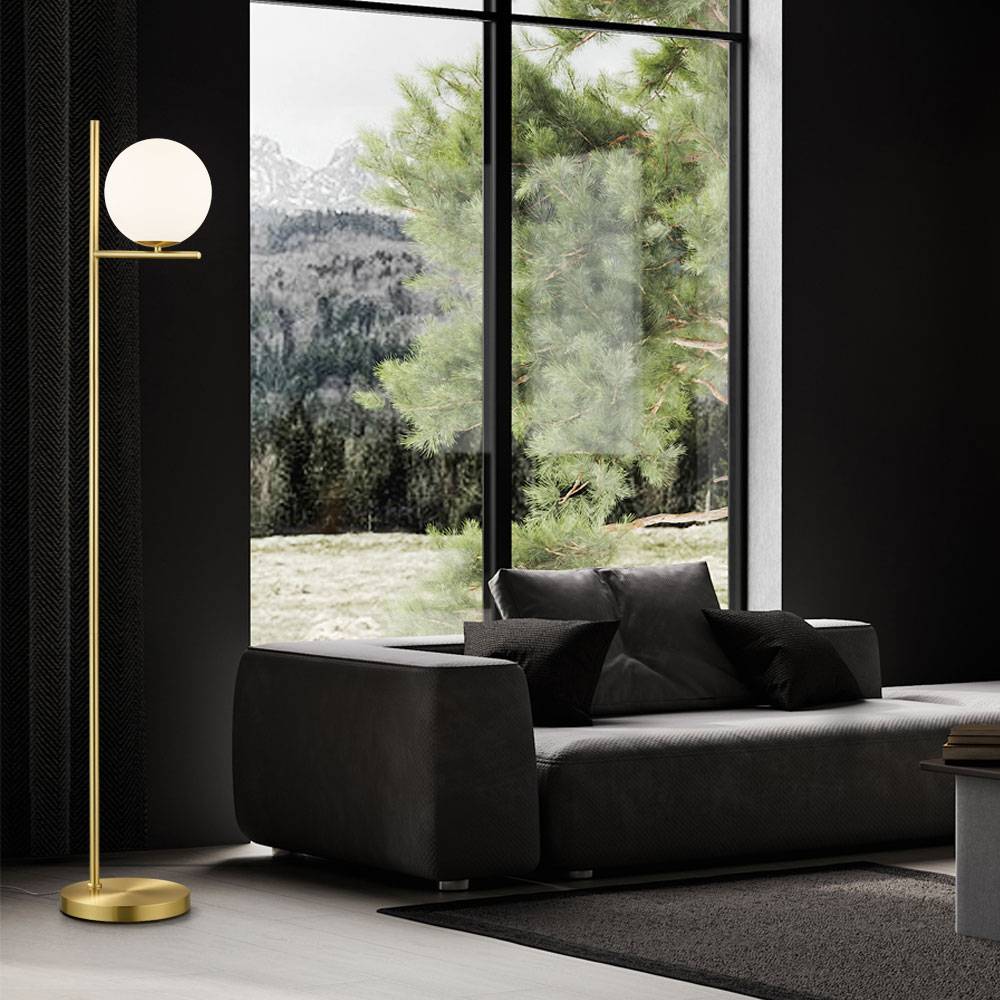 Stehlampe Wohnzimmer Kugel Stehleuchte Kugel weiß Stehlampe messing Metall, Glas, Fußschalter, 1x E14 Fassung, BxH 25x150 cm