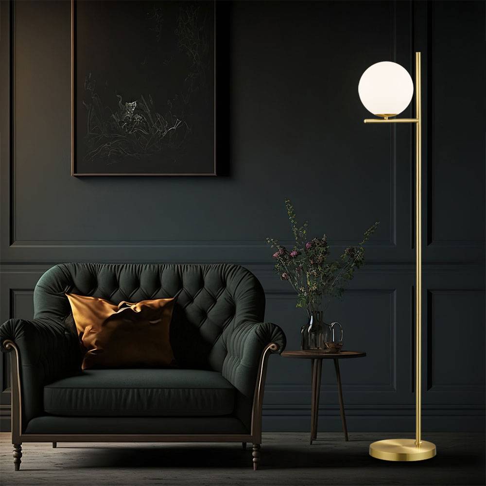 Stehlampe Wohnzimmer Kugel Stehleuchte Kugel weiß Stehlampe messing Metall, Glas, Fußschalter, 1x E14 Fassung, BxH 25x150 cm