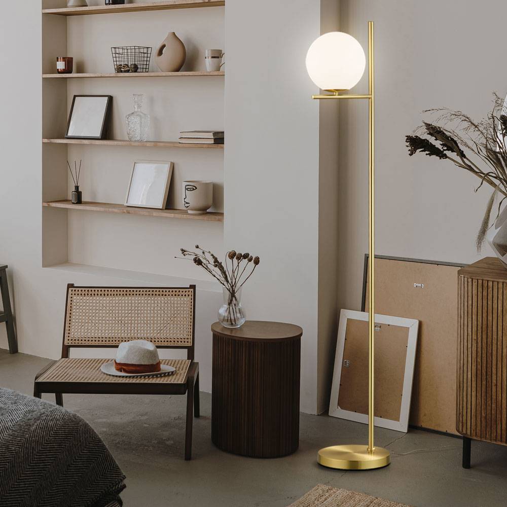 Stehlampe Wohnzimmer Kugel Stehleuchte Kugel weiß Stehlampe messing Metall, Glas, Fußschalter, 1x E14 Fassung, BxH 25x150 cm